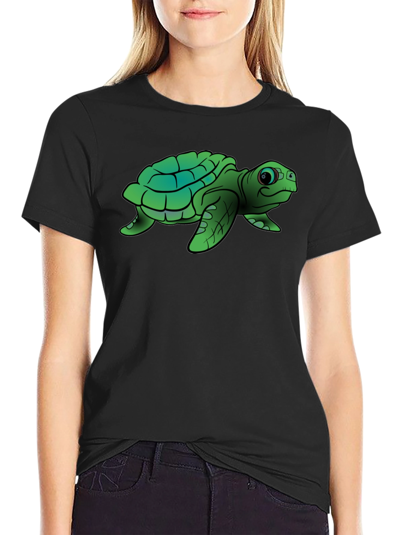 Black Cute Turtle Graphic Tee - Black Cotton T-Shirt view 2