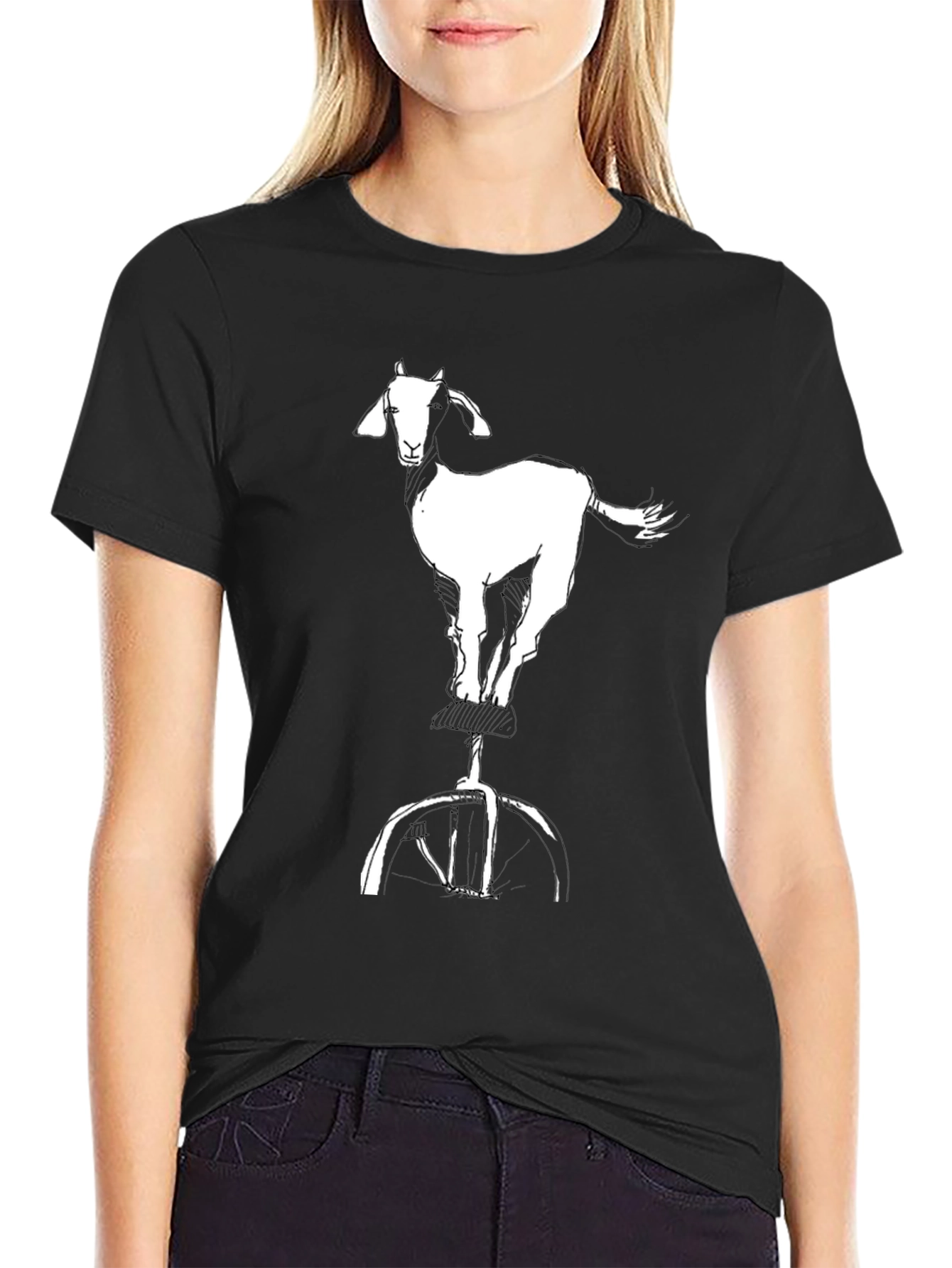 Black Goat on Unicycle Graphic Tee - Cool Casual Black T-Shirt view 2