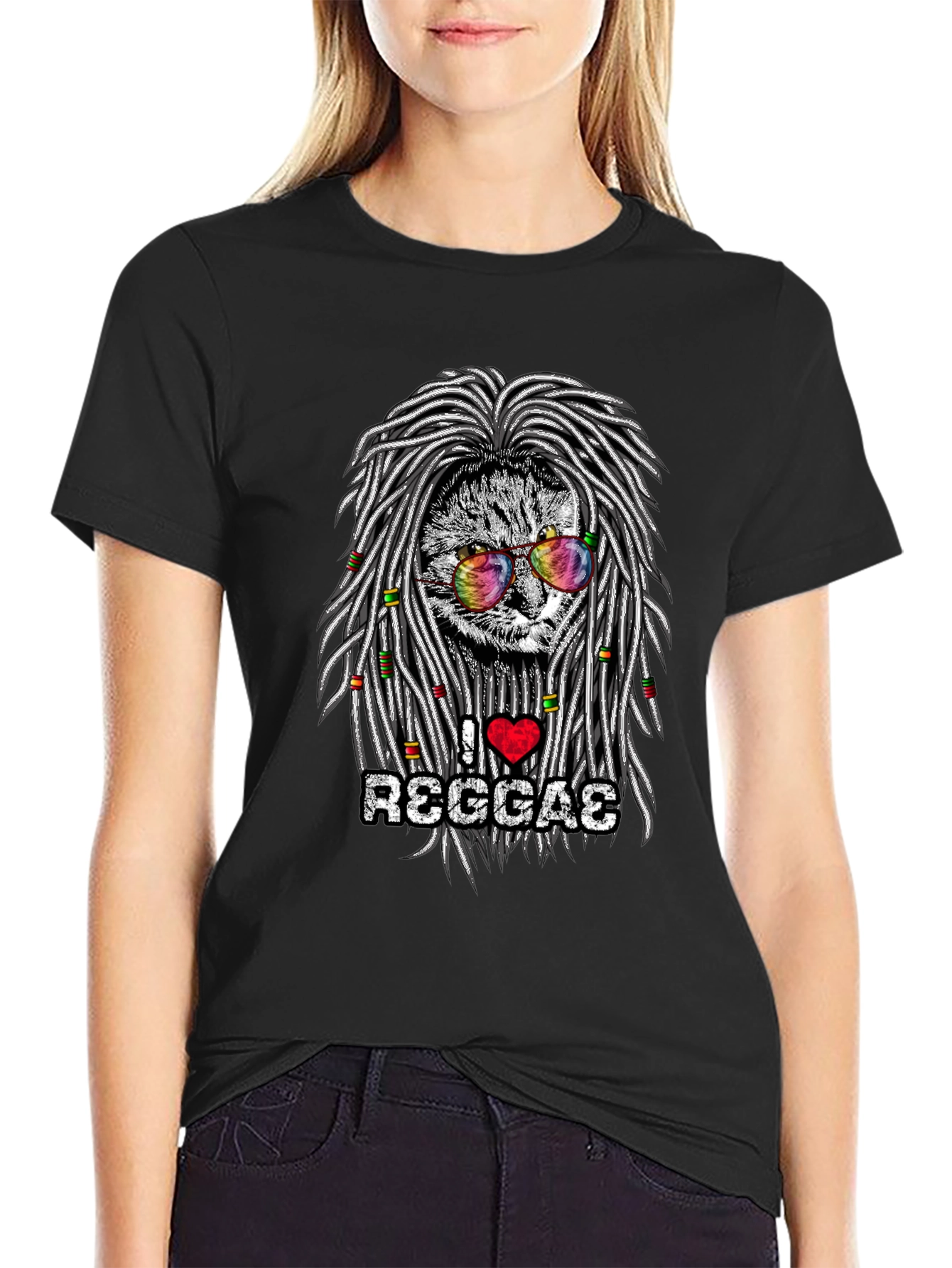 Black I Love Reggae Cat Graphic T-Shirt view 2