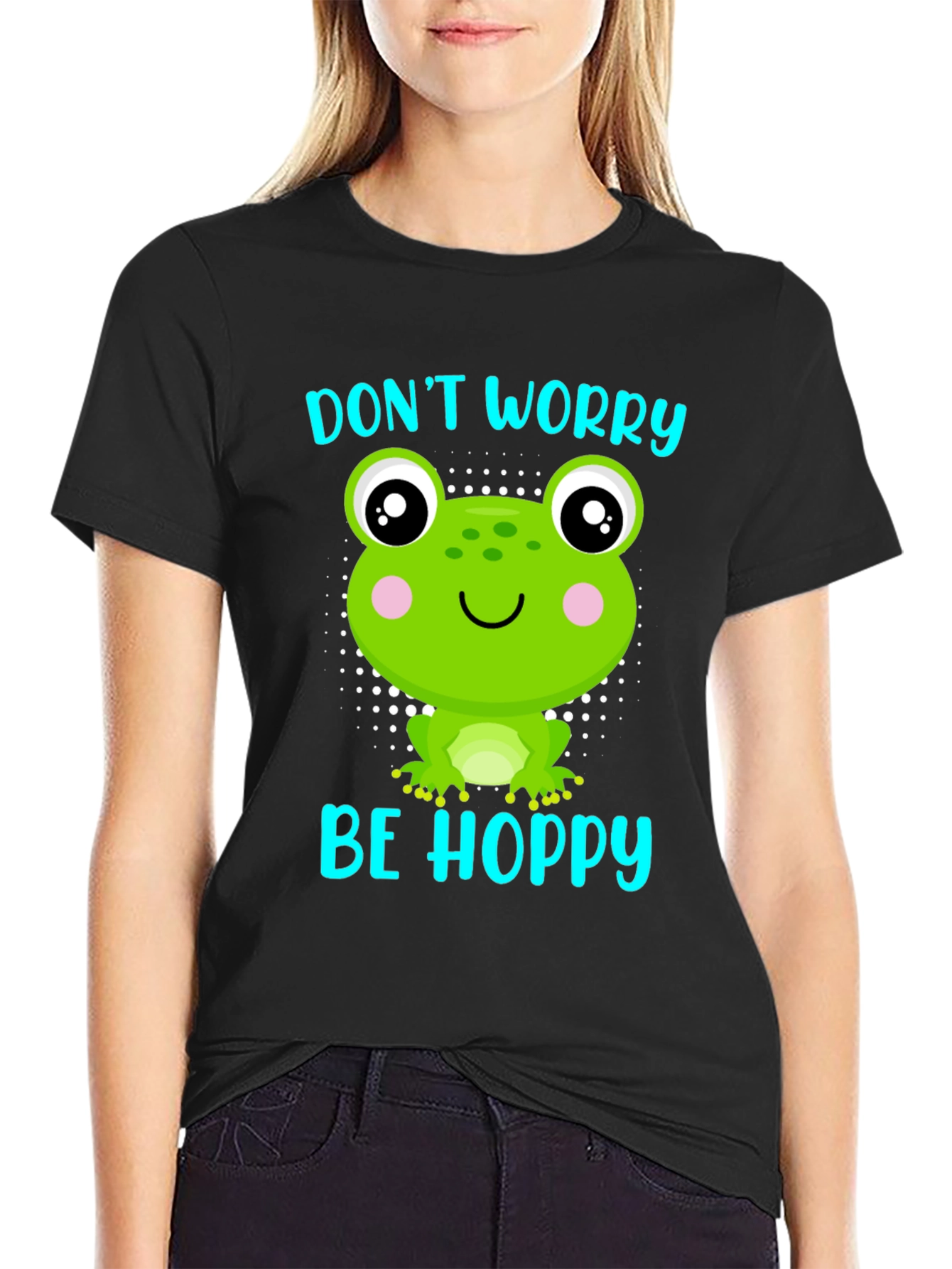 Black Don't Worry Be Hoppy Frog Graphic T-Shirt view 2