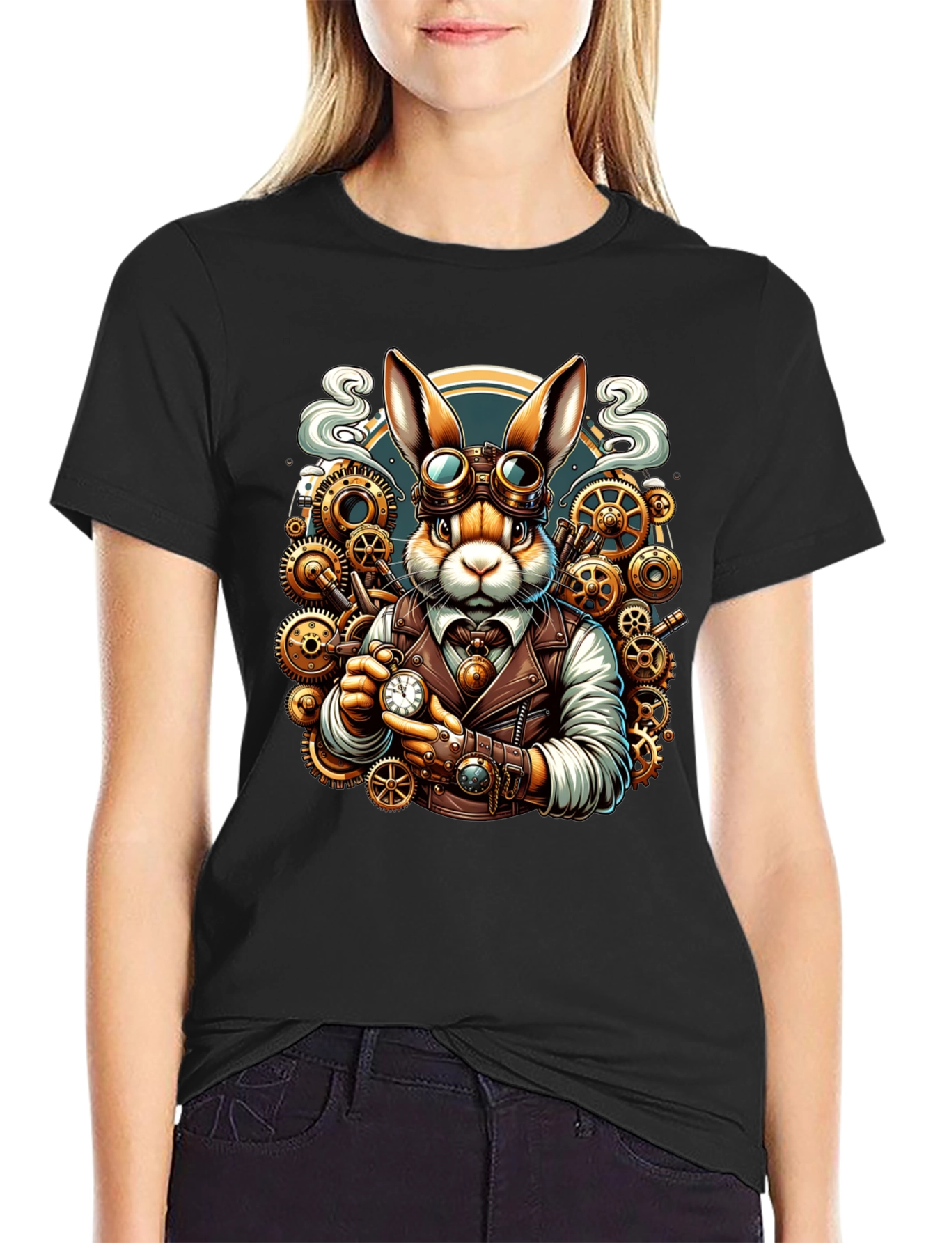 Black Steampunk Rabbit T-Shirt - Unique Design view 2