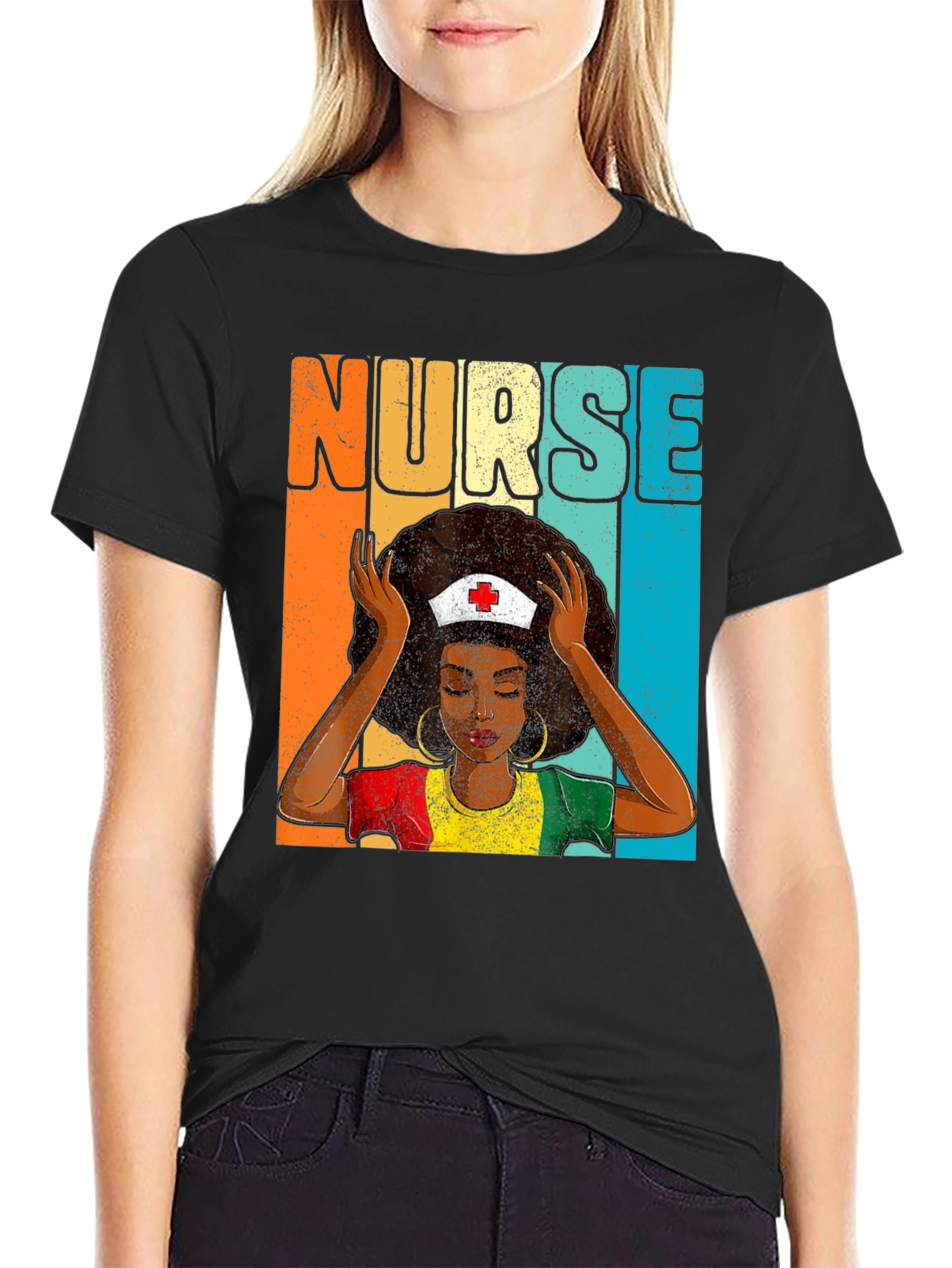 Black Retro Nurse Graphic Tee - Black Cotton T-Shirt view 2