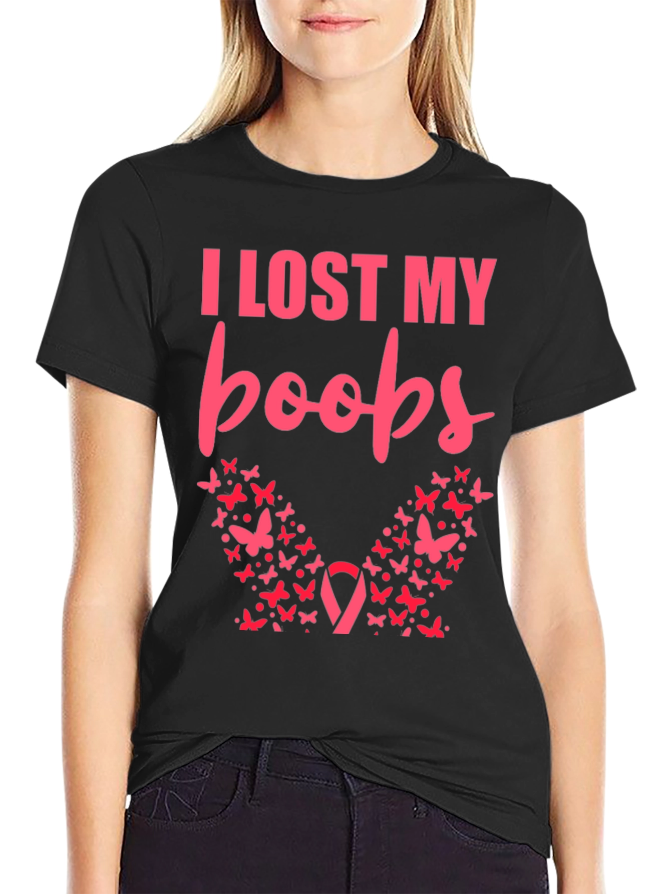 Black I Lost My Boobs Butterfly T-Shirt view 2