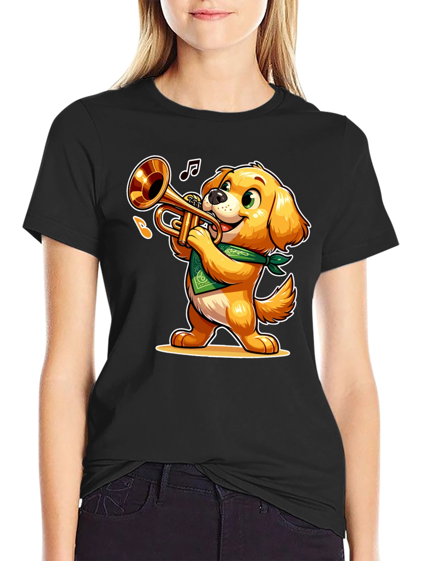 Black Dog Playing Trumpet T-Shirt - Fun Cartoon Design view 2