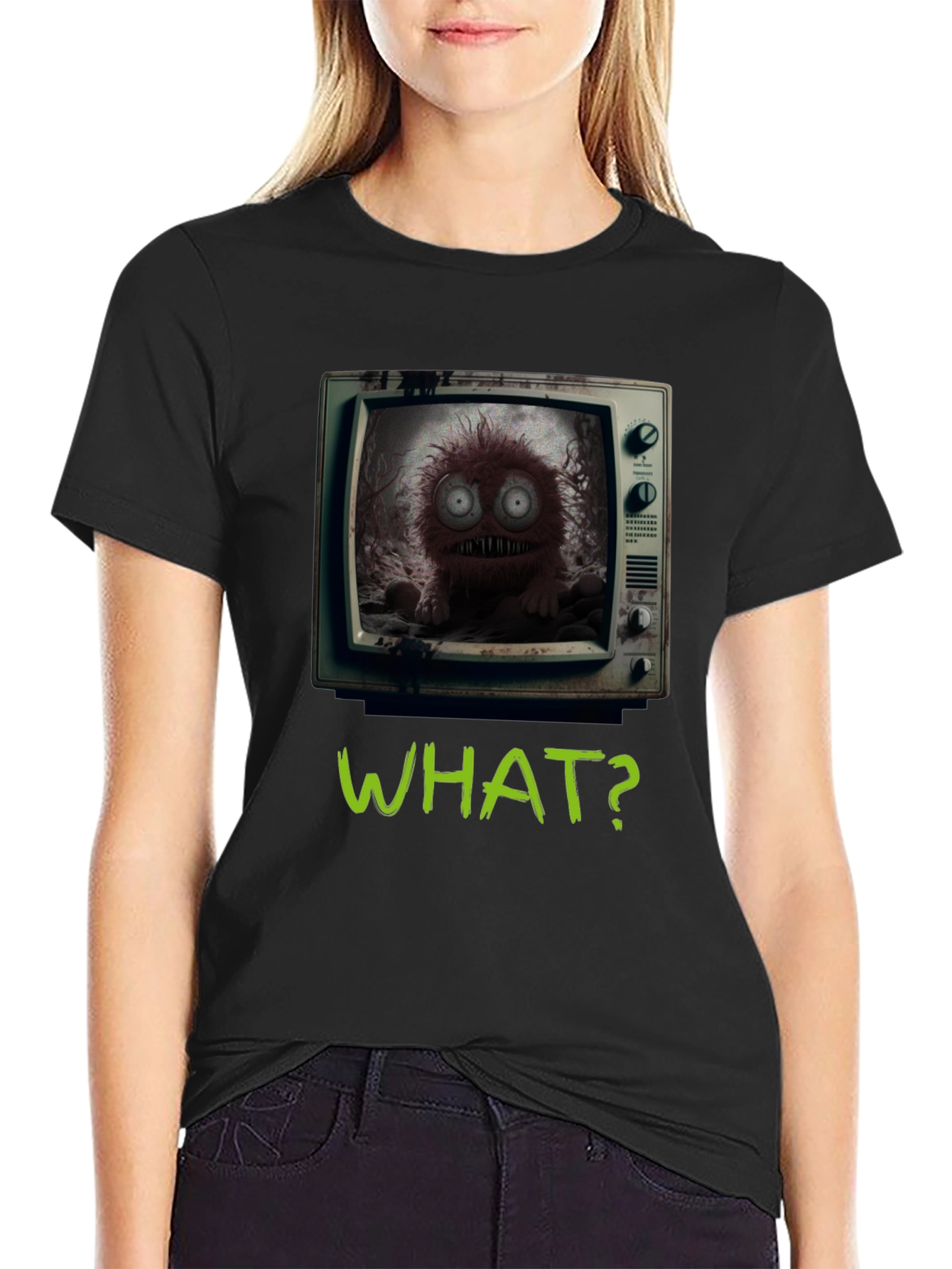 Black What? Monster TV Graphic Tee - Creepy Novelty T-Shirt view 2