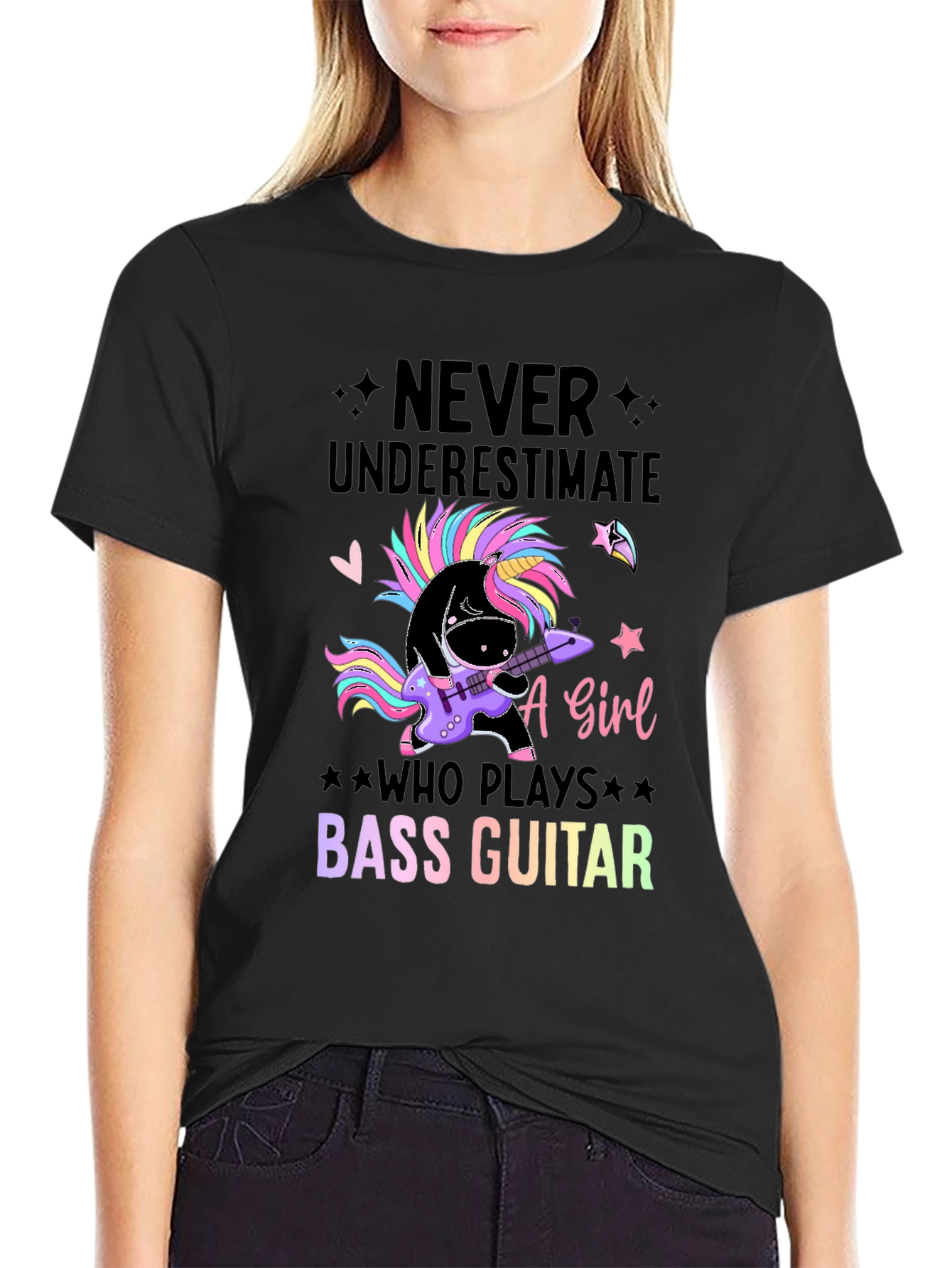Black Unicorn Bass Guitar T-Shirt - Never Underestimate A Girl view 2