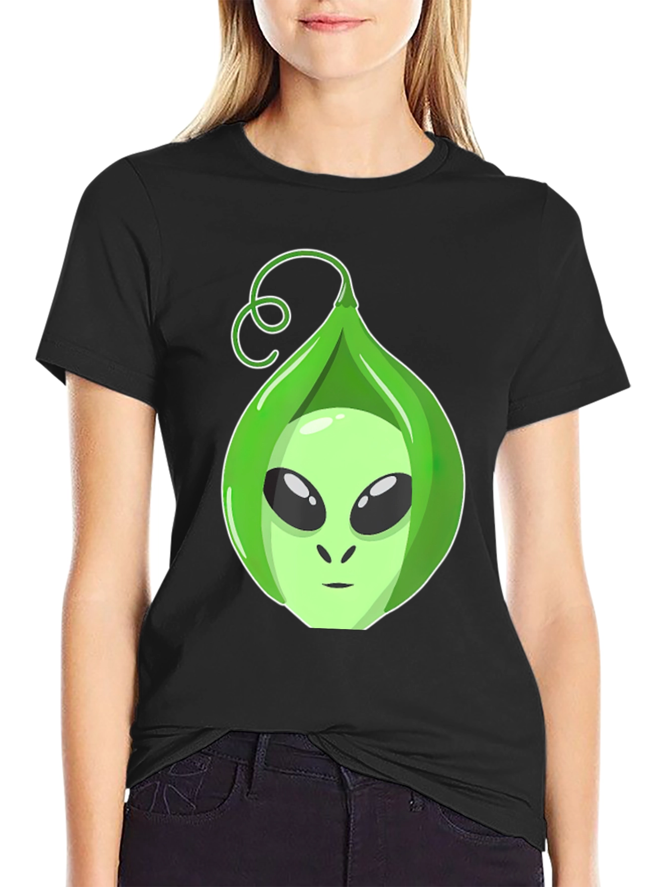 Black Alien In A Pod Black T-Shirt Funny Space Graphic Tee view 2