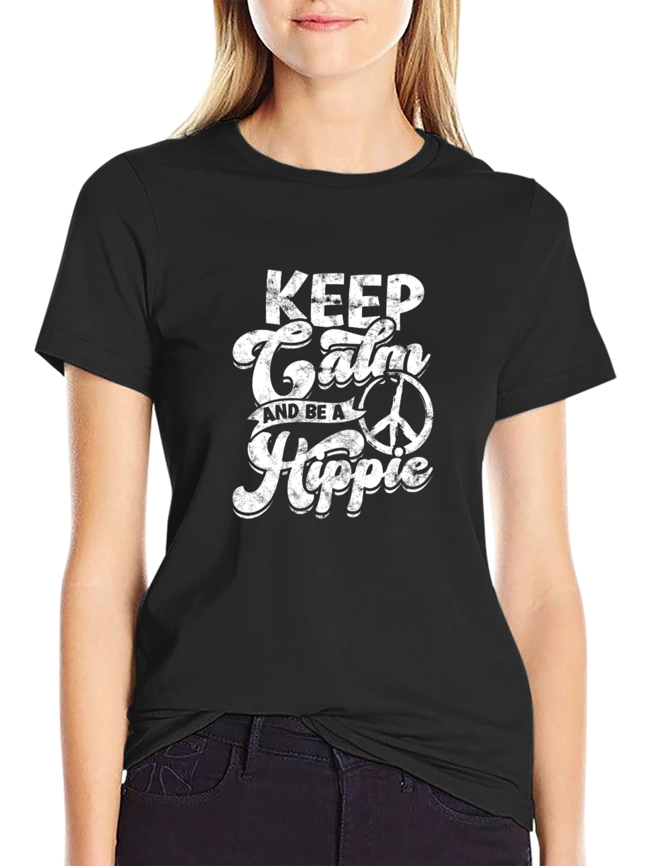 Black Keep Calm Hippie T-Shirt - Retro Peace Design view 2
