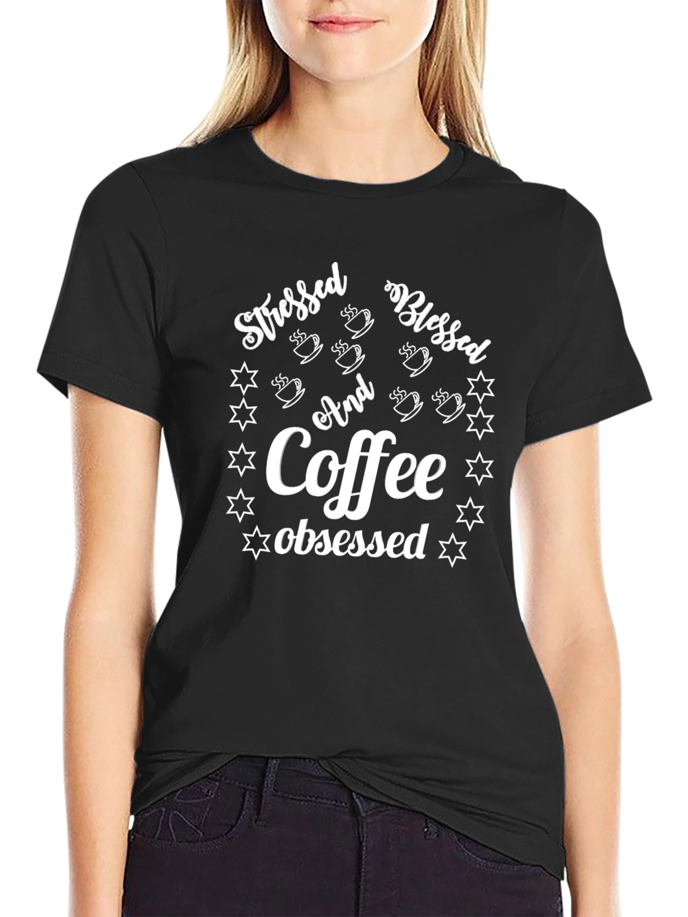 Black Stressed Blessed Coffee Obsessed Graphic Tee view 2