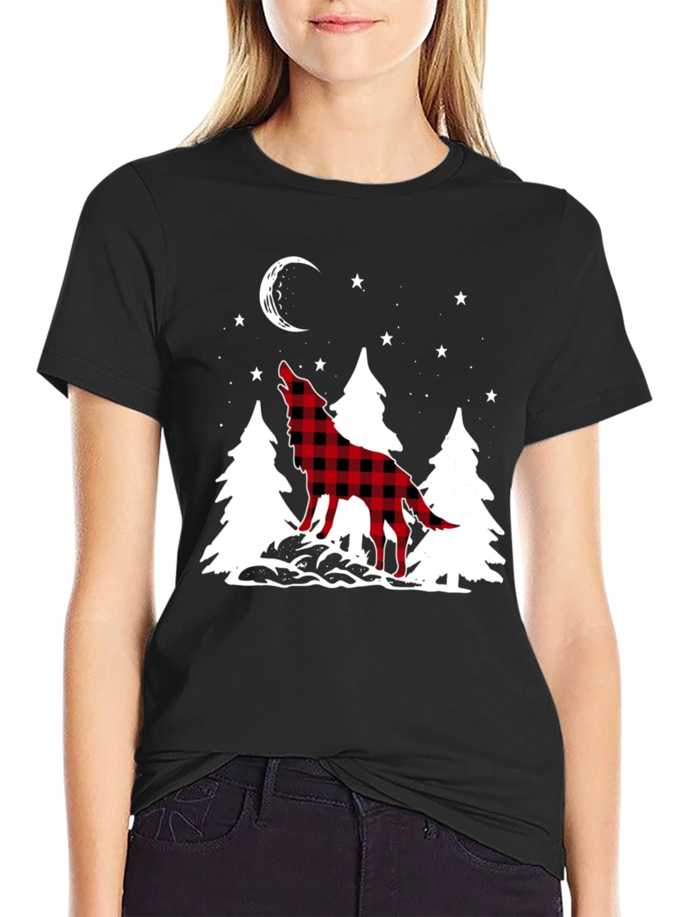 Black Buffalo Plaid Wolf Graphic Tee view 2