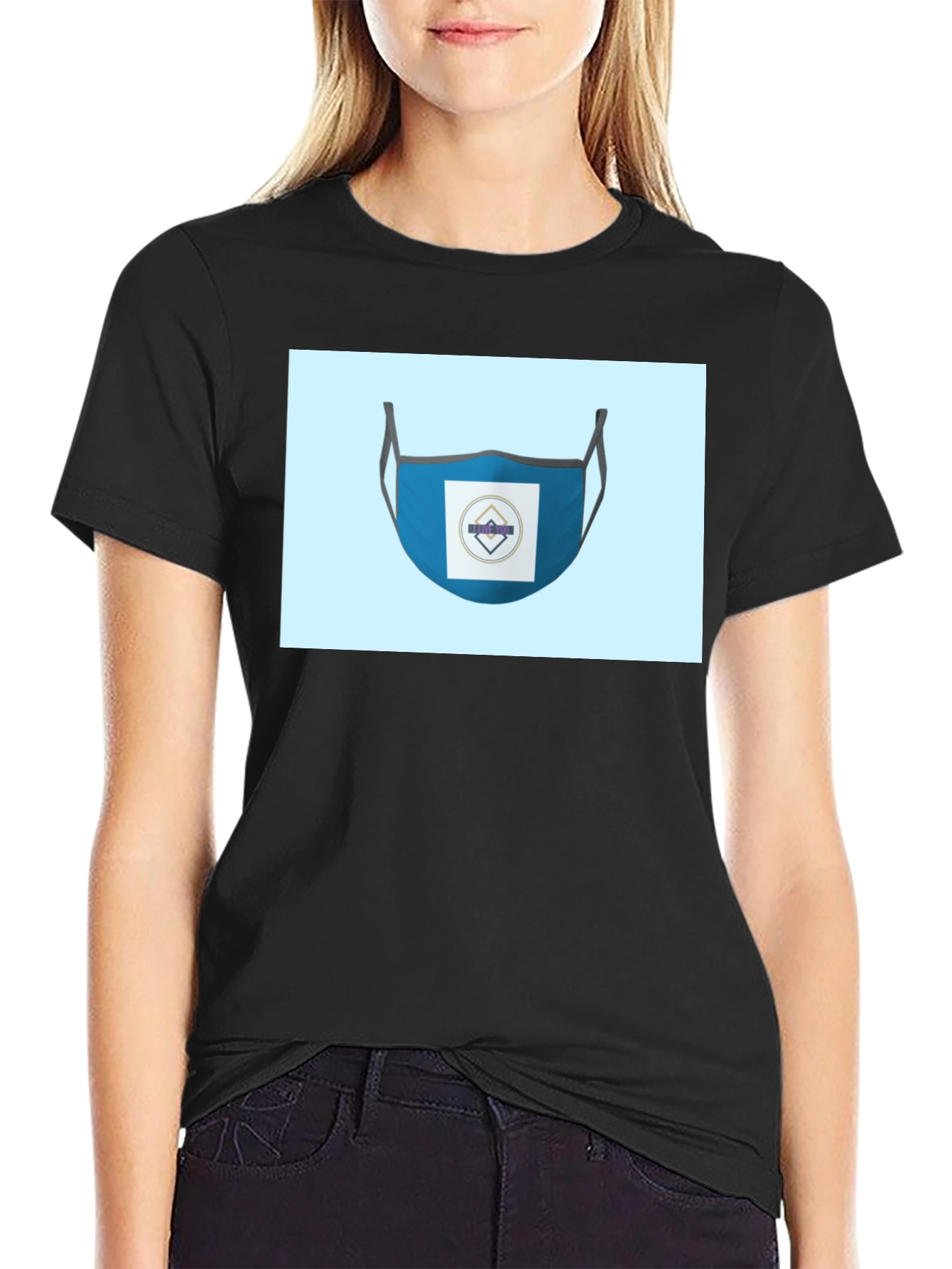 Black Stylish Blue Face Mask T-Shirt view 2