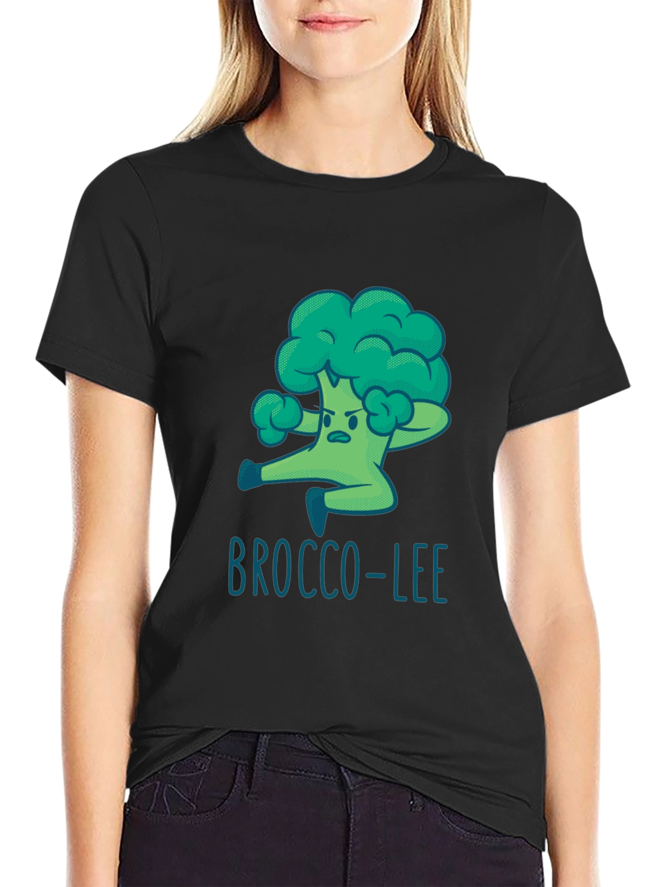 Black Brocco-Lee T-Shirt - Funny Cartoon Broccoli Martial Arts Tee view 2