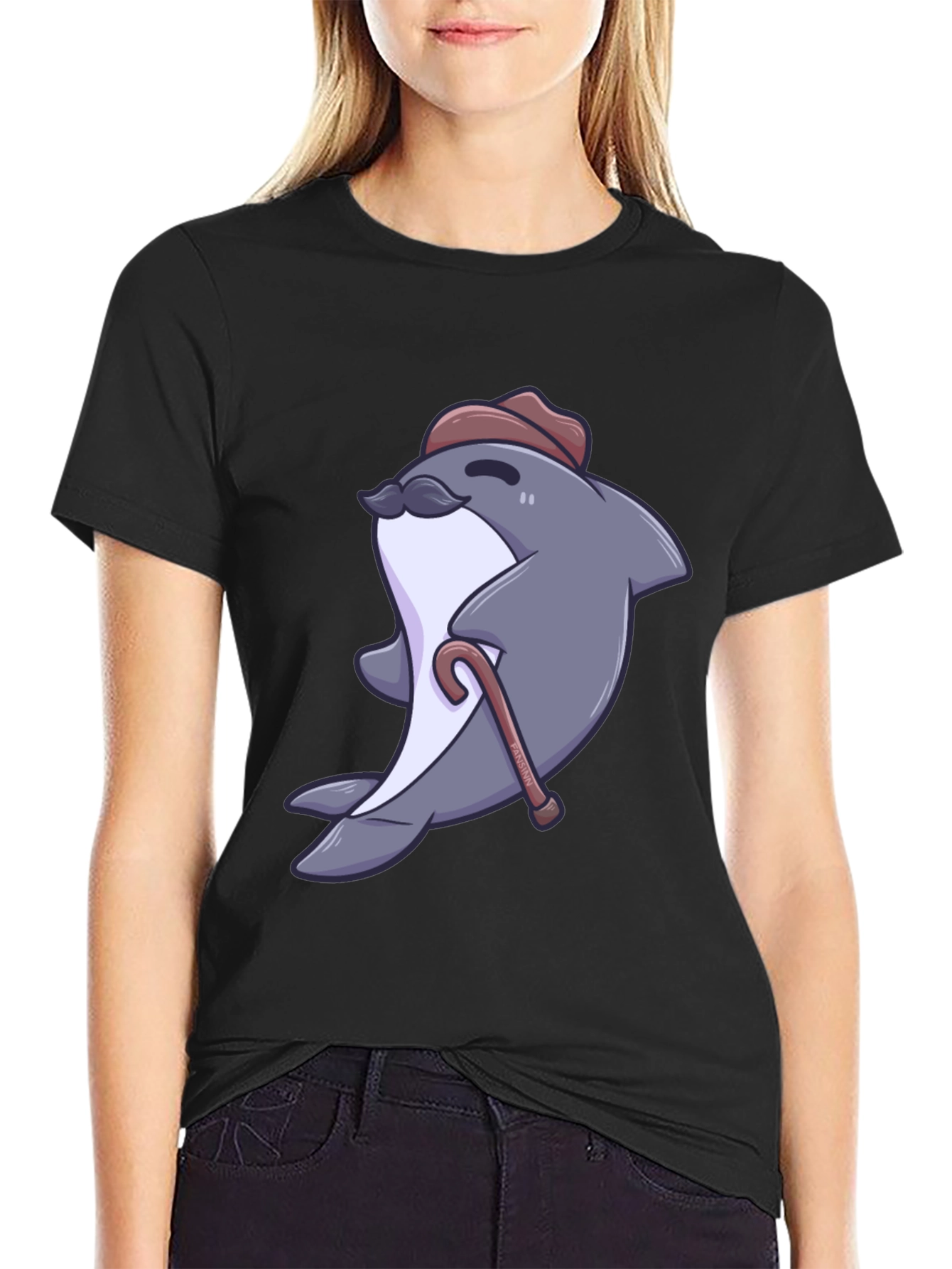Black Dapper Dolphin T-Shirt - Cartoon Character Tee view 2