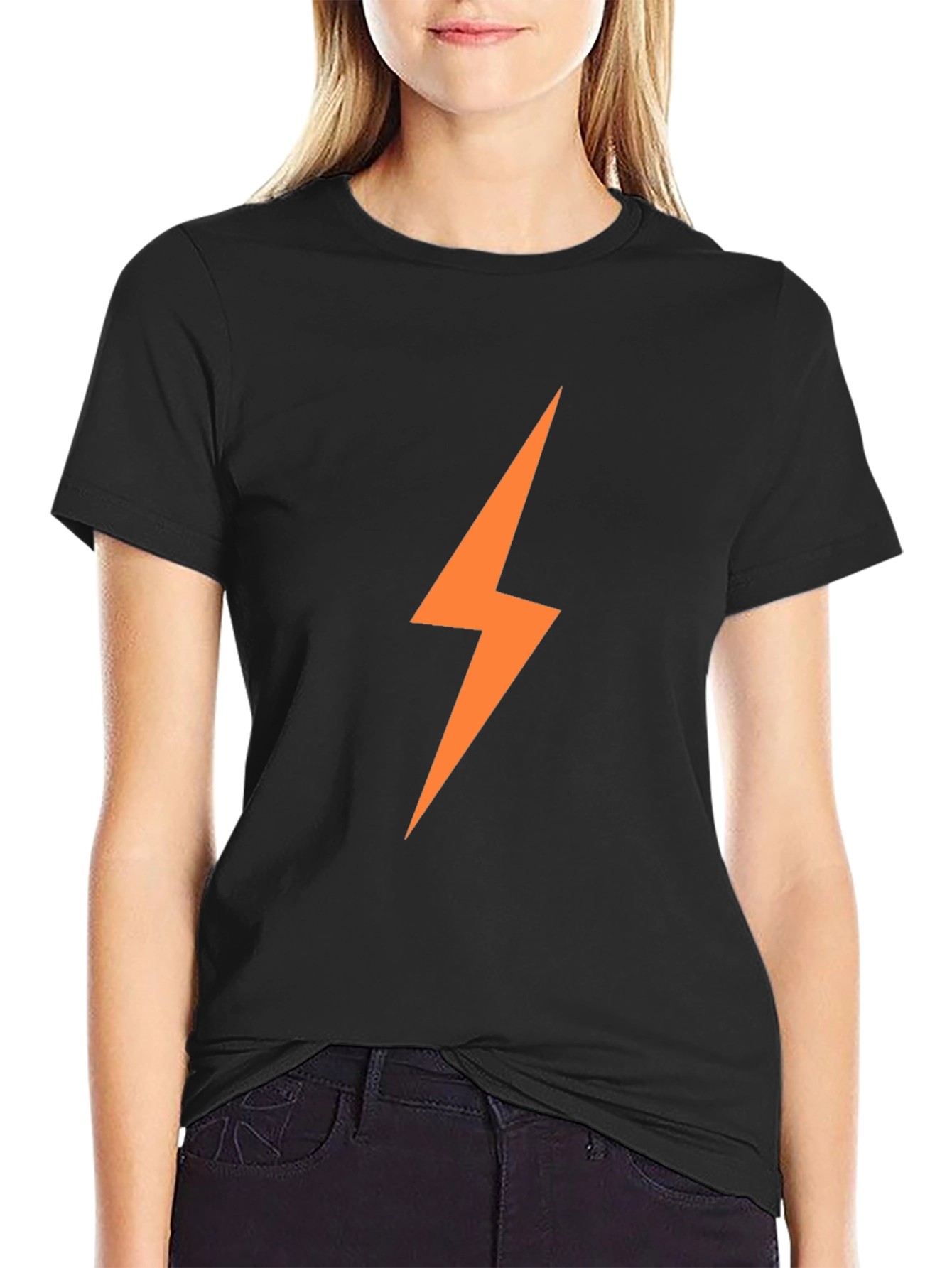 Black Men's Black T-Shirt with Orange Lightning Bolt view 2