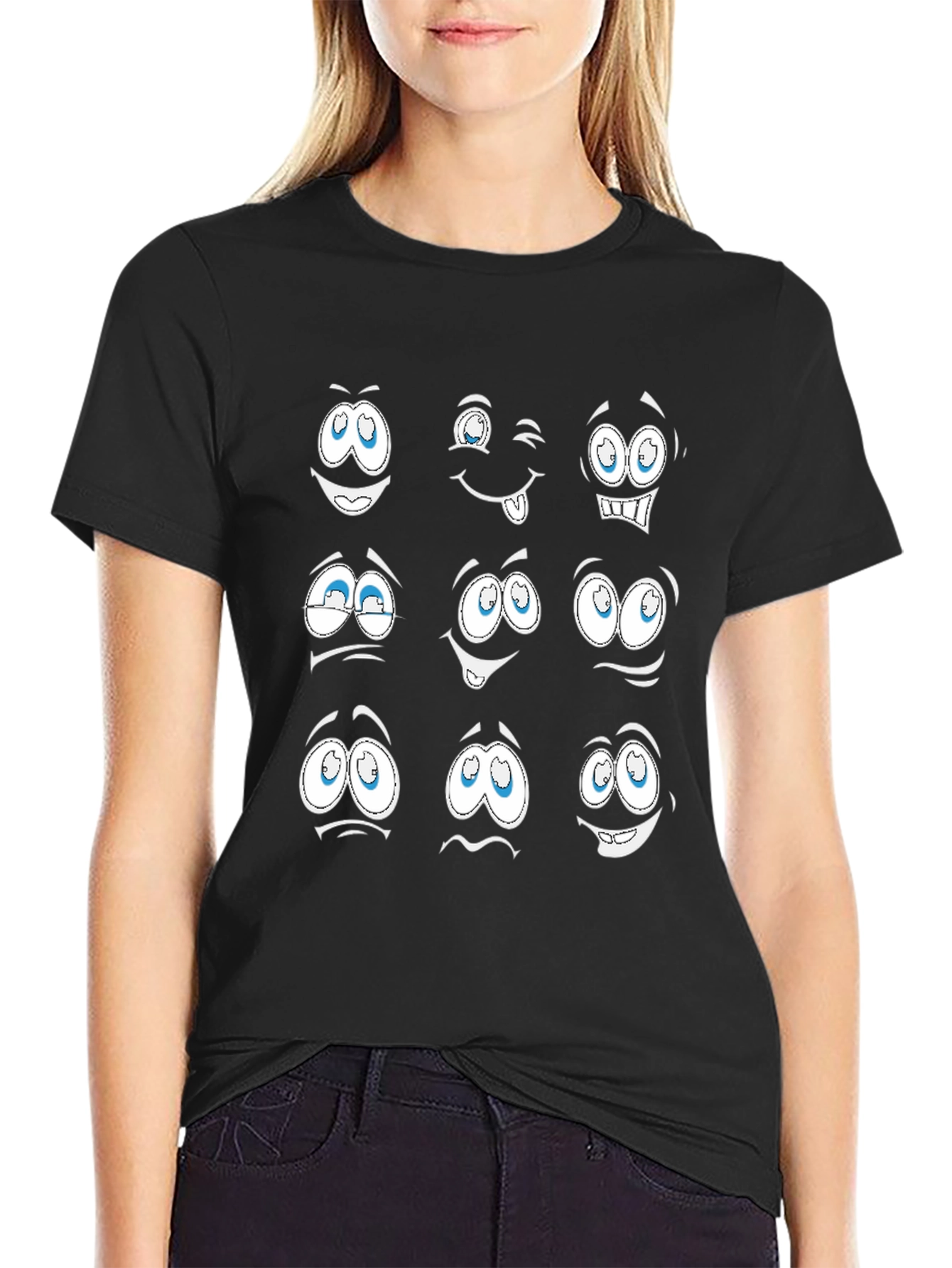 Black Expressive Cartoon Face T-Shirt view 2