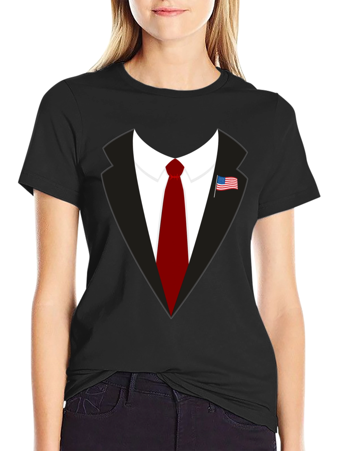 Black Suit & Tie Graphic Tee - Patriotic American Flag Pin view 2