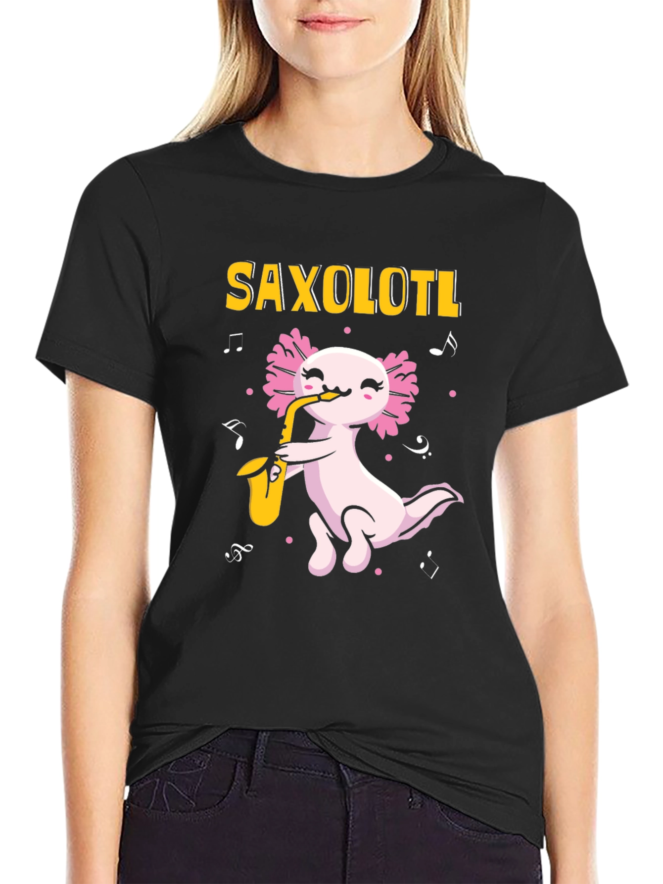 Black Saxolotl T-Shirt - Axolotl Saxophone Player view 2