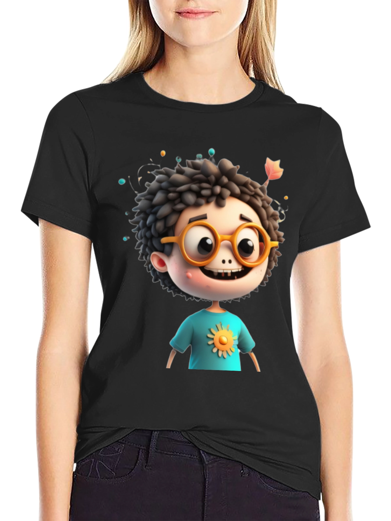 Black Cartoon Boy Graphic Tee - Whimsical Character Design view 2