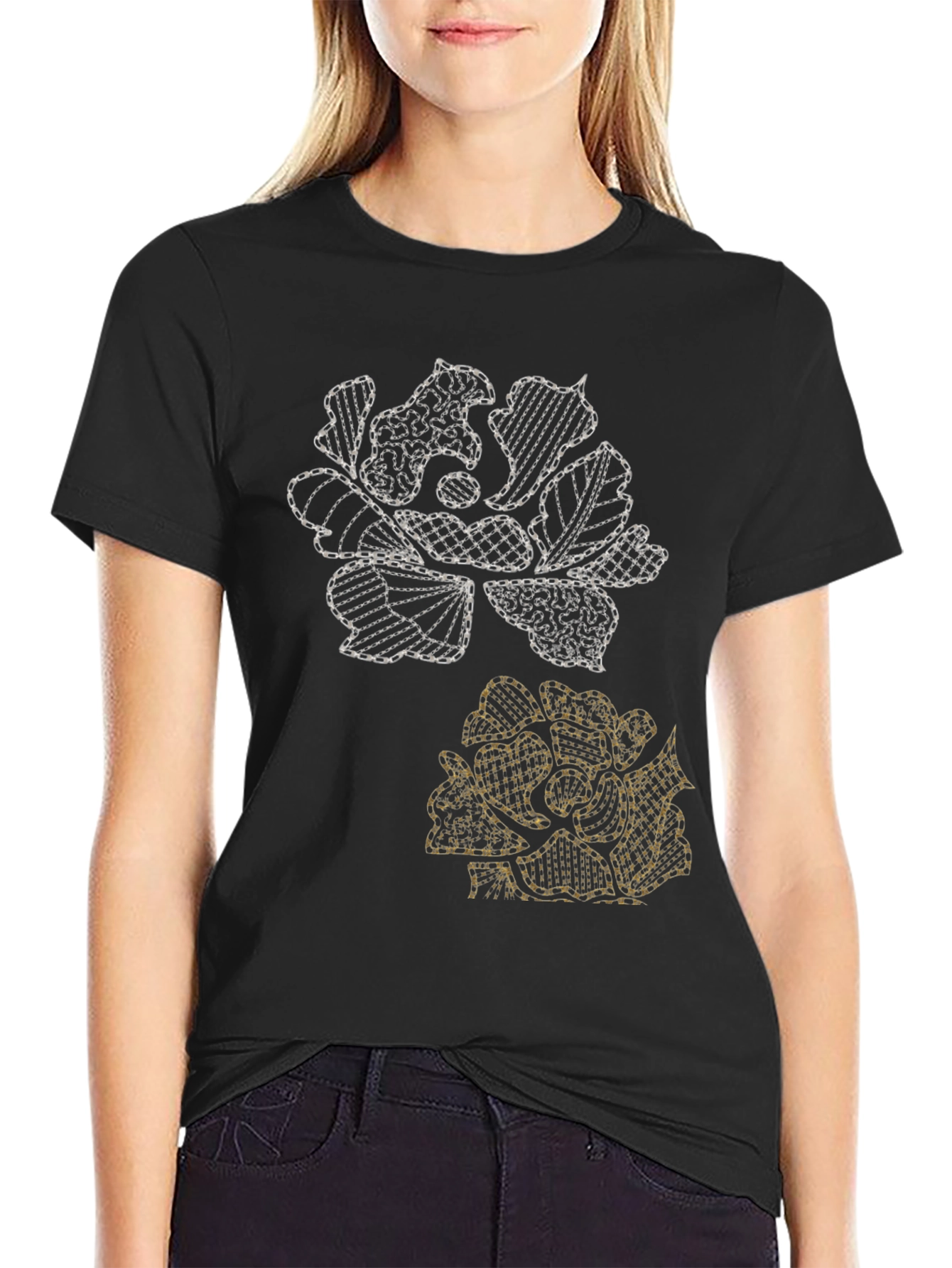 Black Floral Graphic Tee - Embroidered Rose Design view 2