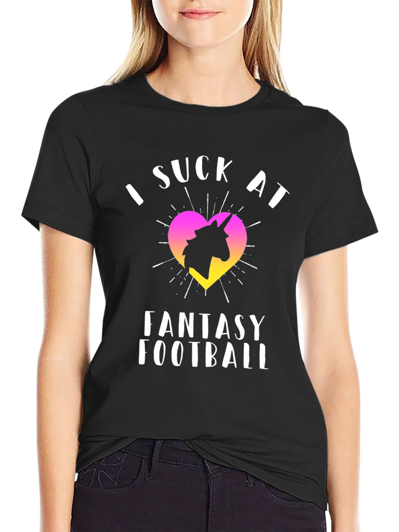 Black I Suck At Fantasy Football Unicorn T-Shirt view 2