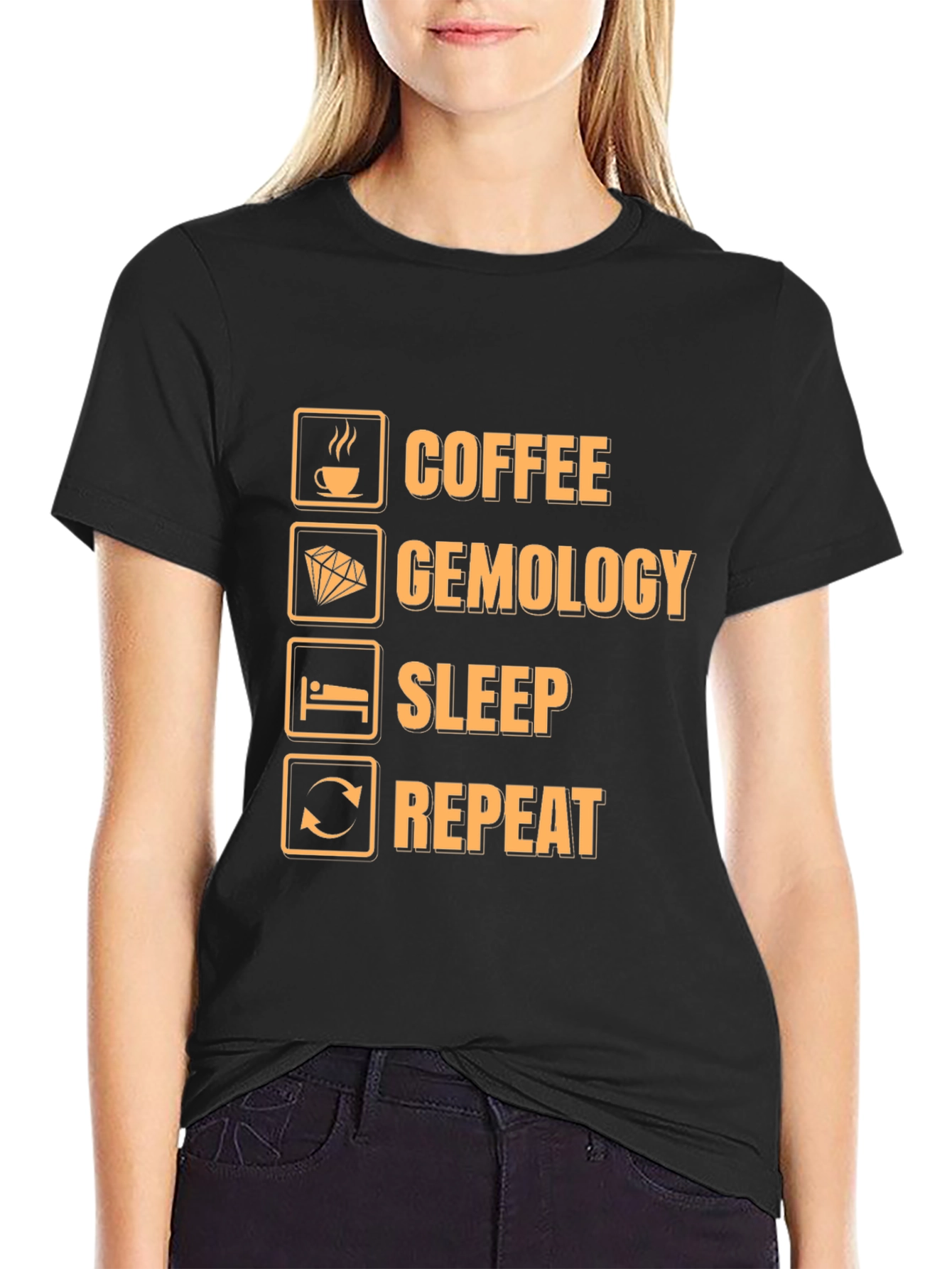 Black Coffee Gemology Sleep Repeat Funny Graphic T-Shirt view 2
