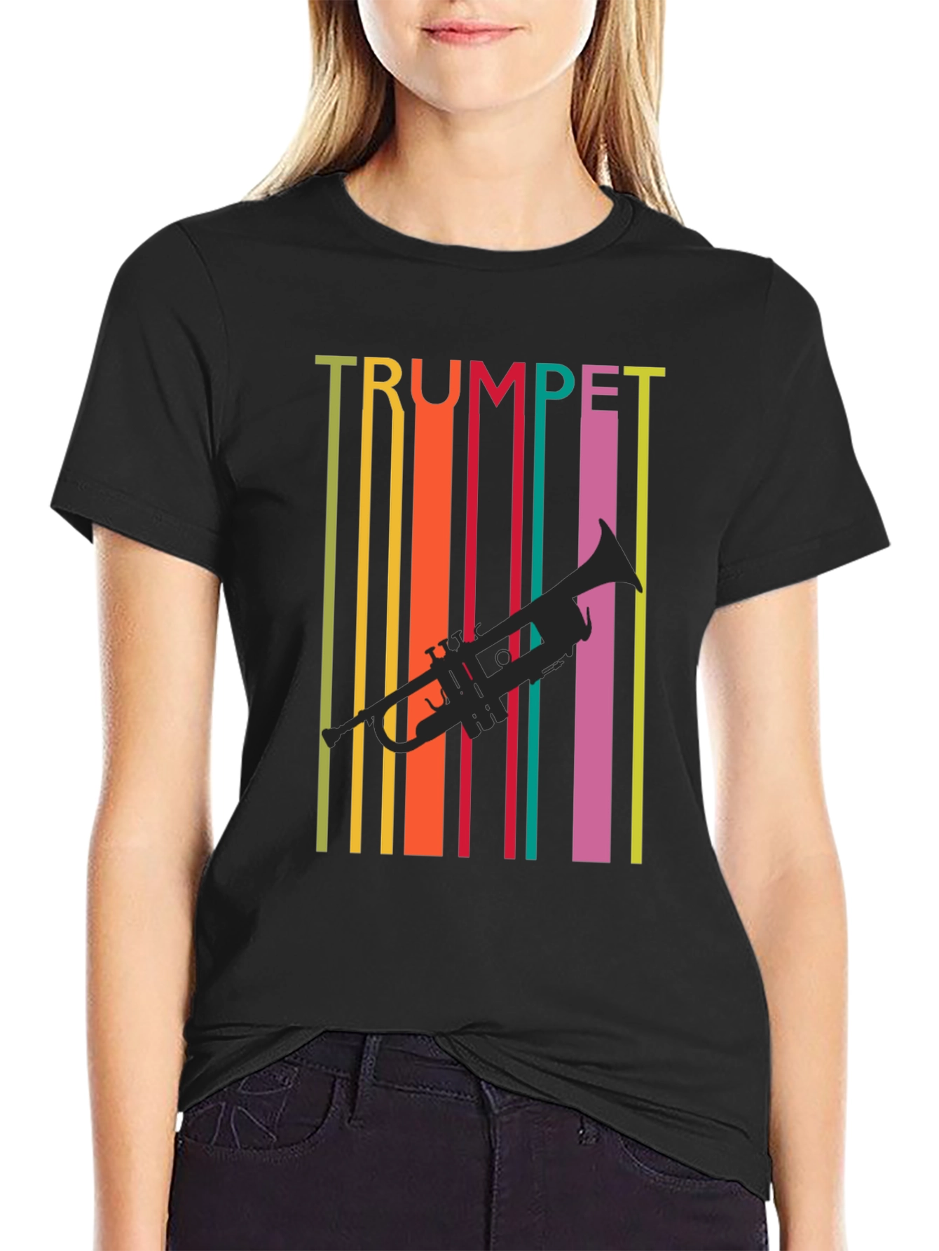 Black Retro Trumpet Graphic Tee - Colorful Music Lover T-Shirt view 2
