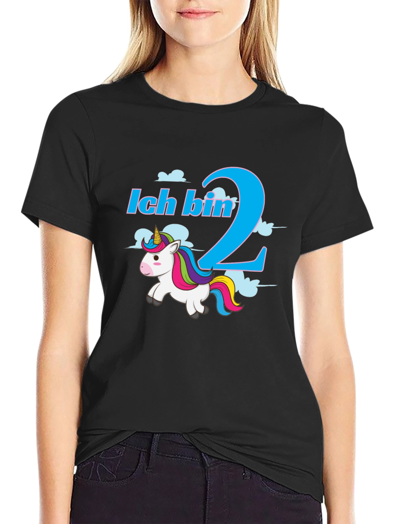 Black Ich Bin 2 Unicorn T-Shirt - Birthday Gift view 2