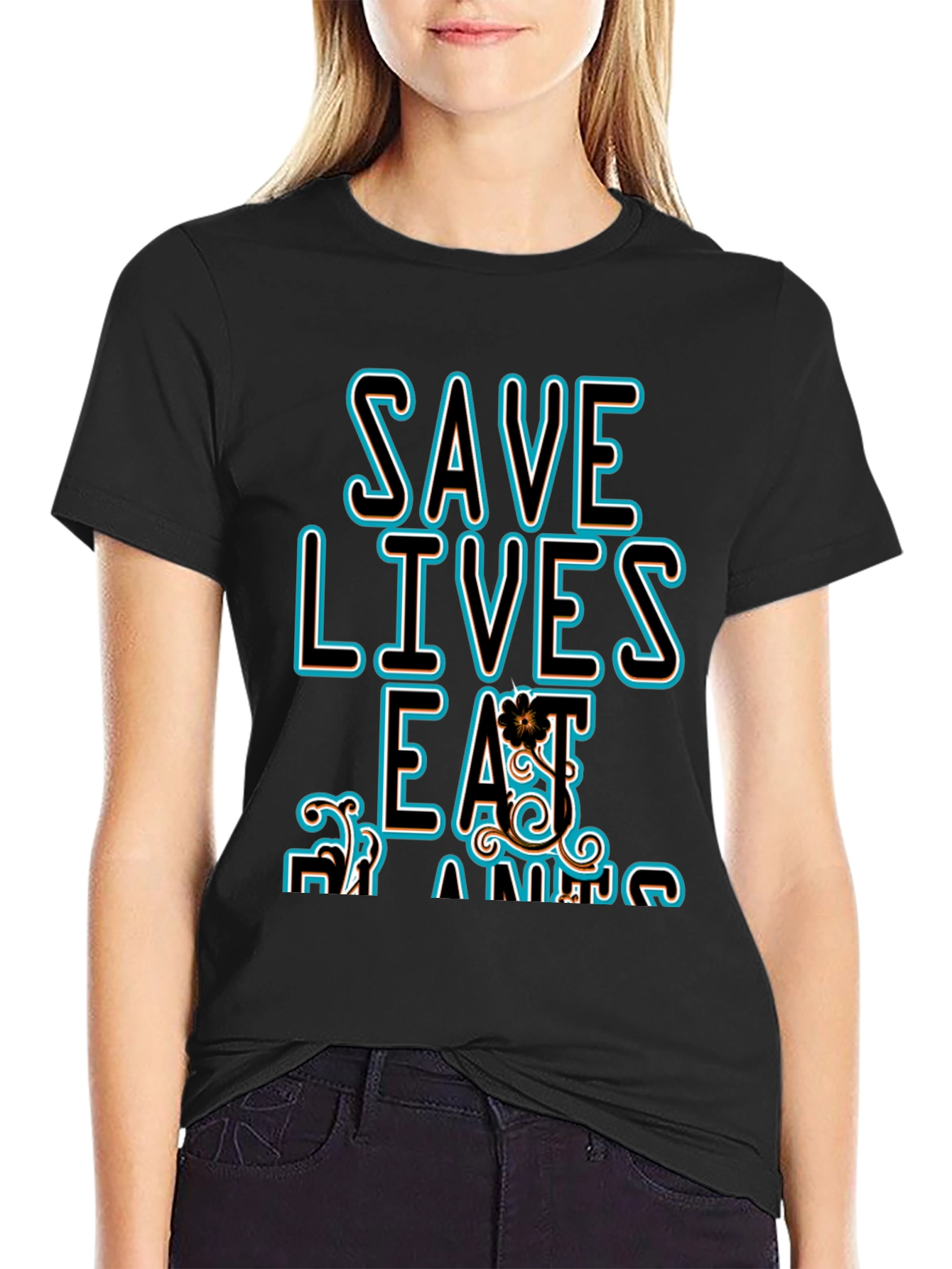 Black Save Lives Eat Plants Graphic Tee - Black view 2