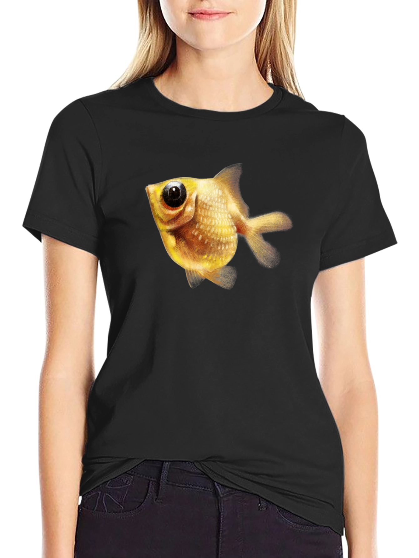 Black Men's Black T-Shirt with Goldfish Graphic view 2