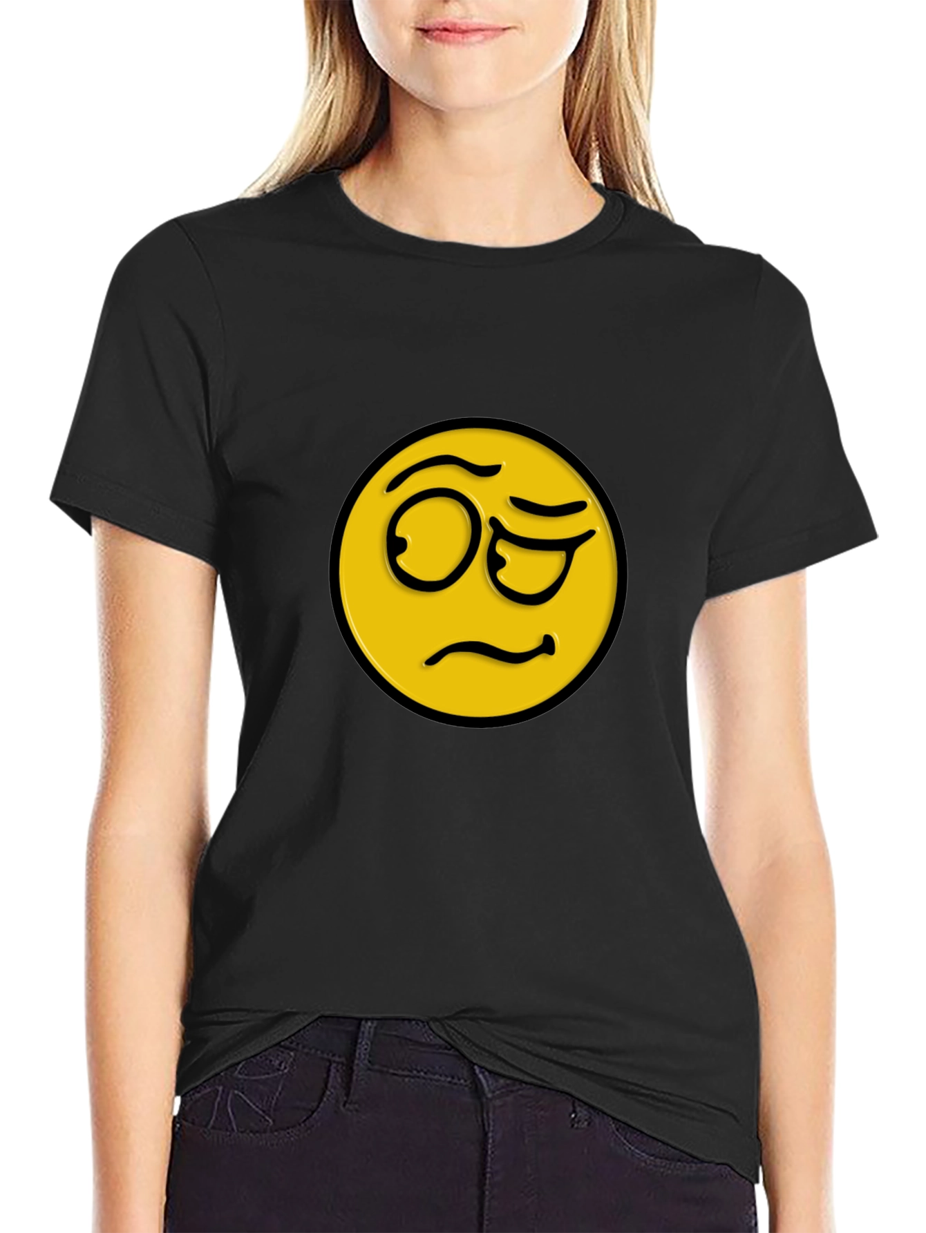 Black Skeptical Emoji Black Cotton T-Shirt view 2