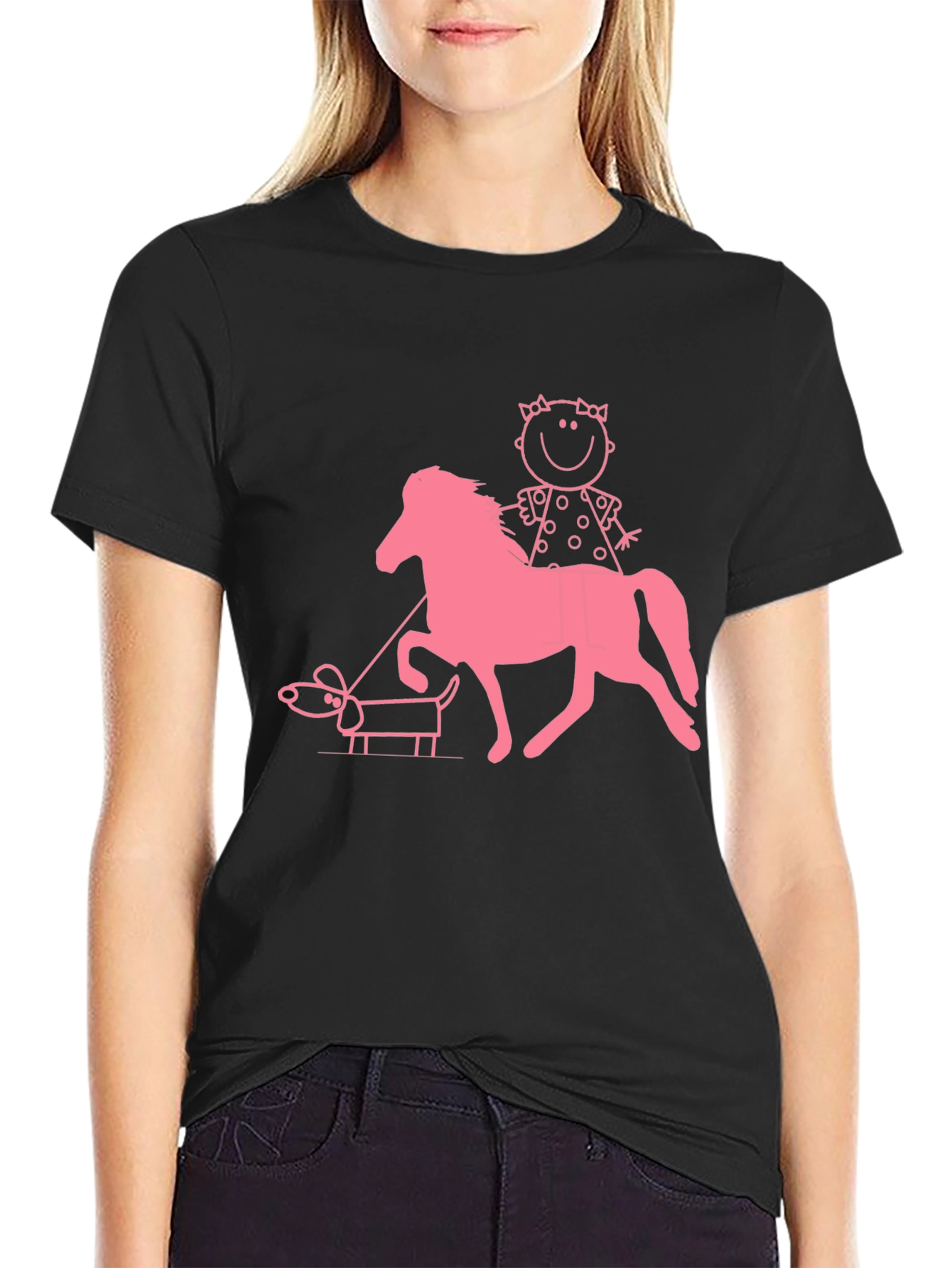 Black Playful Graphic Tee - Girl, Horse, and Dog Design view 2