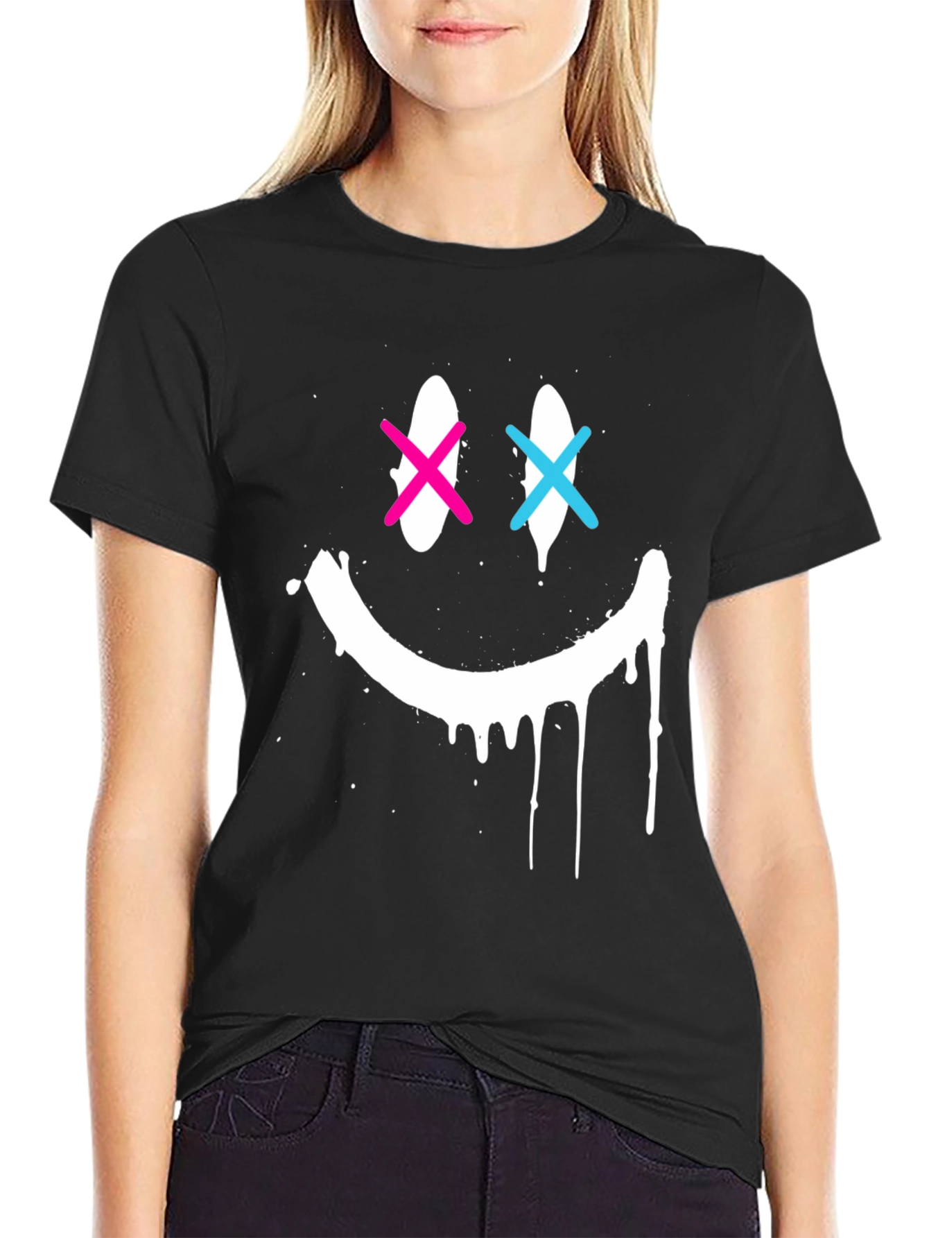 Black Smiley Face Drip Graphic Tee view 2