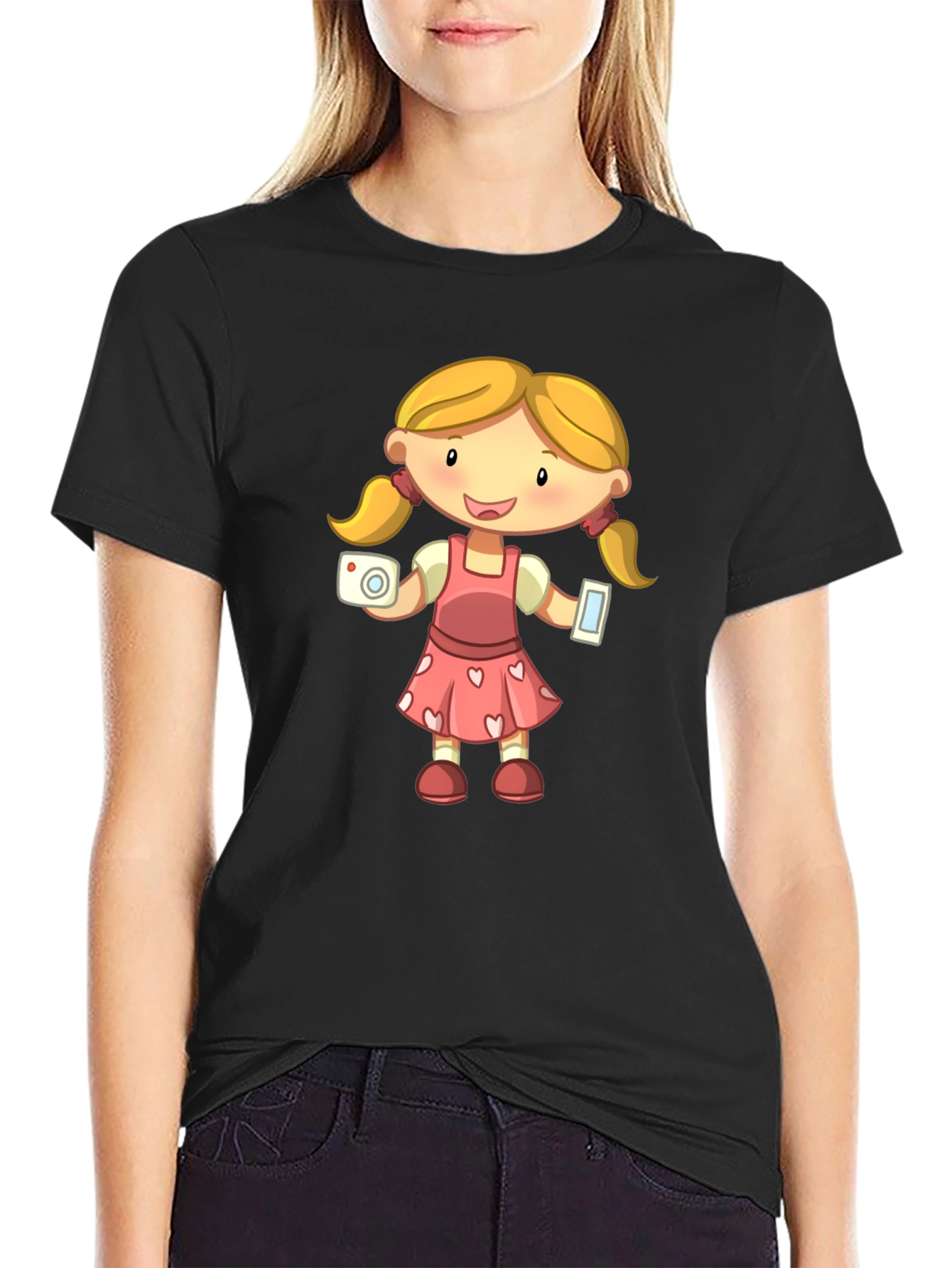 Black Cartoon Girl Graphic Black T-Shirt view 2