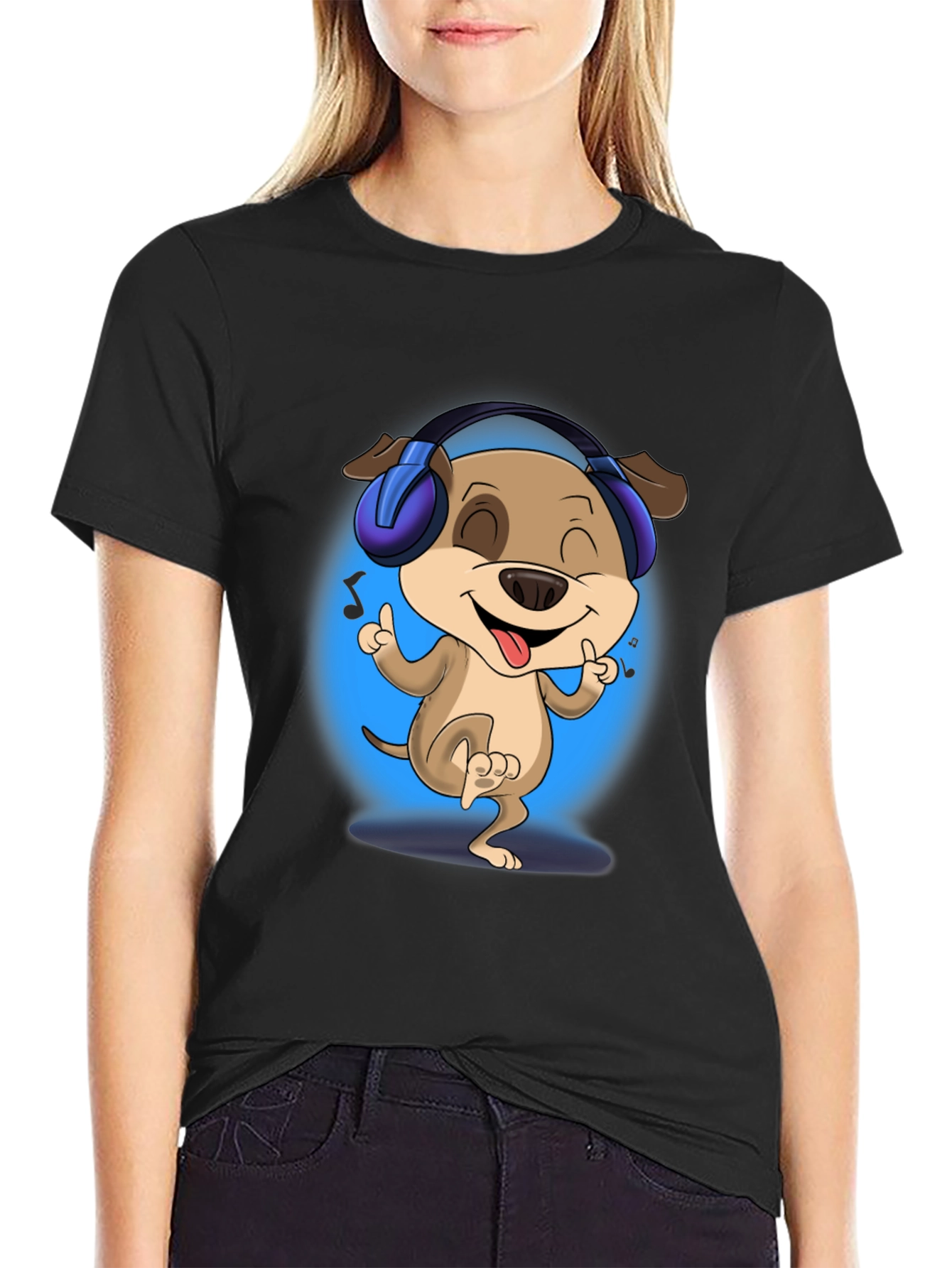 Black Cool Dog with Headphones Black T-Shirt view 2