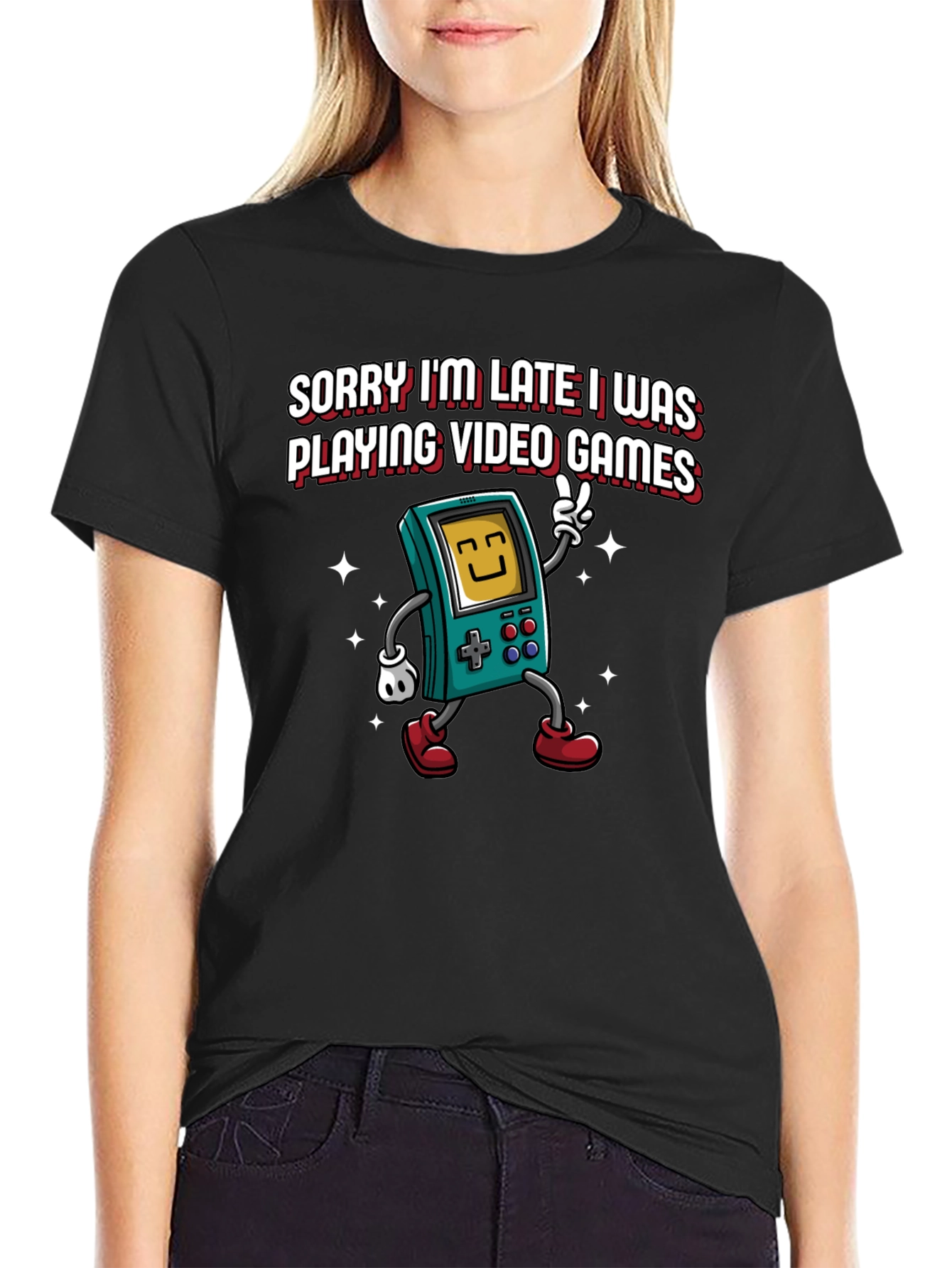 Black Sorry I'm Late Video Games Graphic Tee view 2