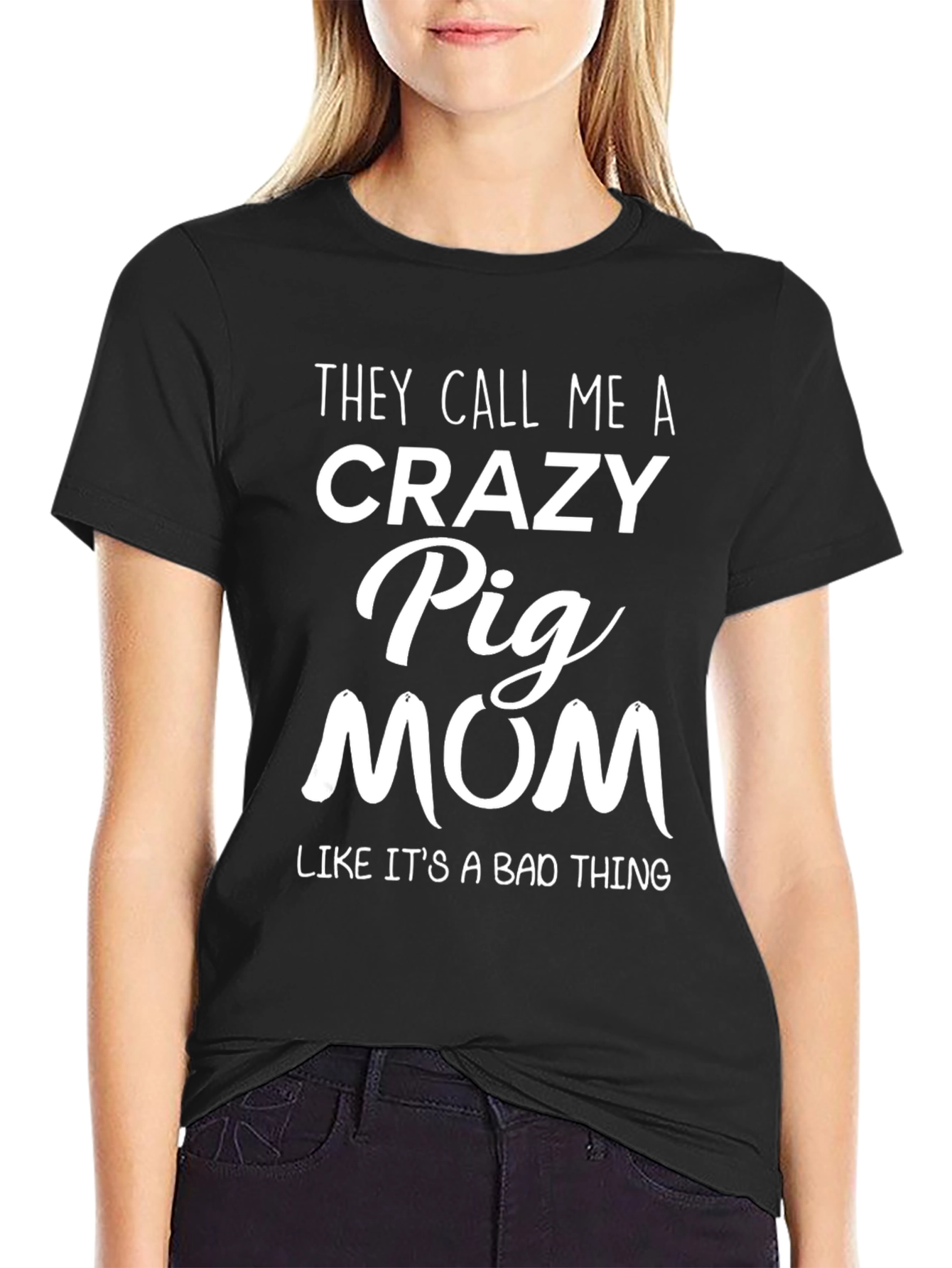 Black Crazy Pig Mom T-Shirt - Funny Animal Lover Tee view 2