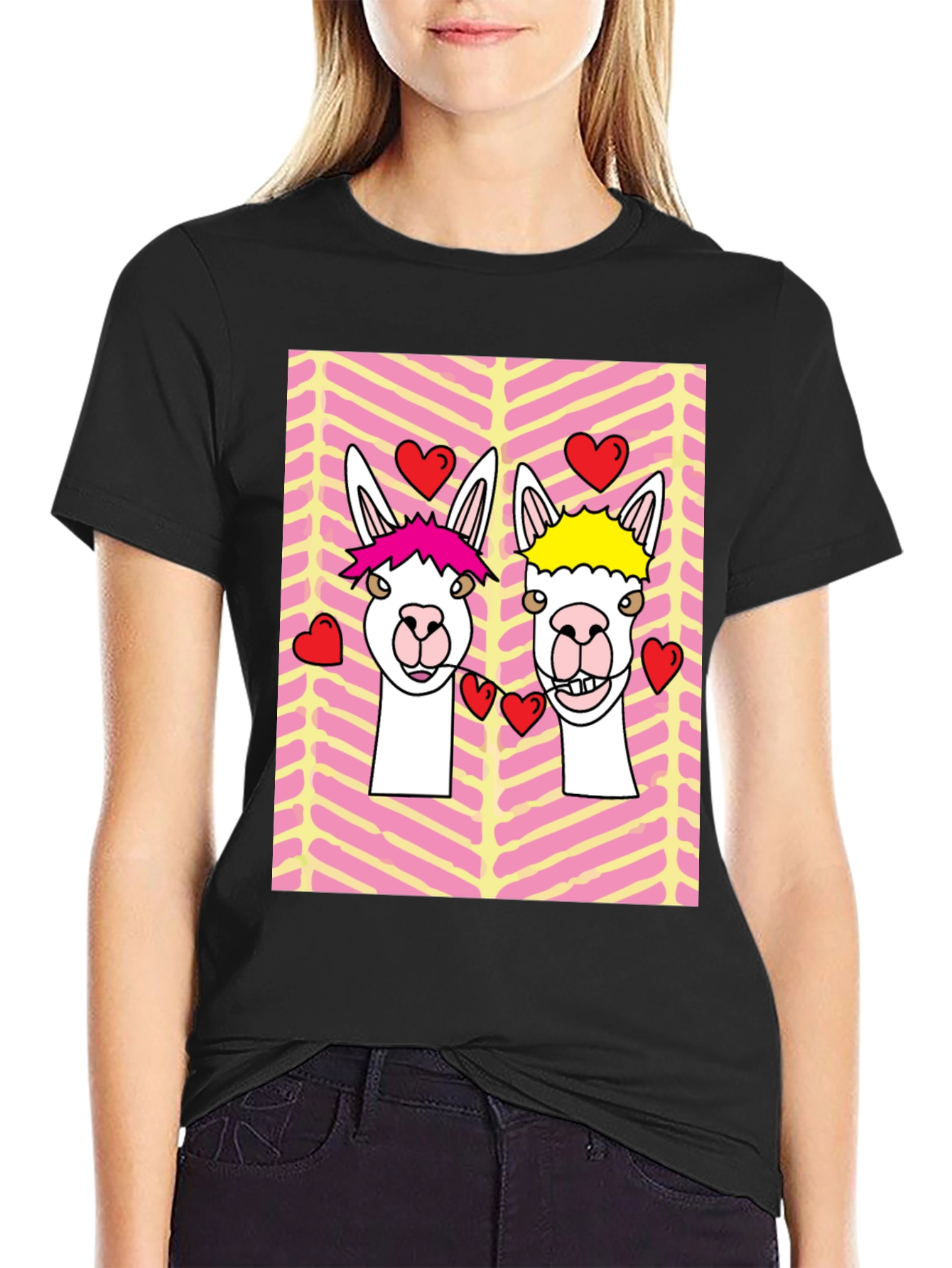 Black Llama Love Graphic Tee - Valentine's Day Black T-Shirt view 2