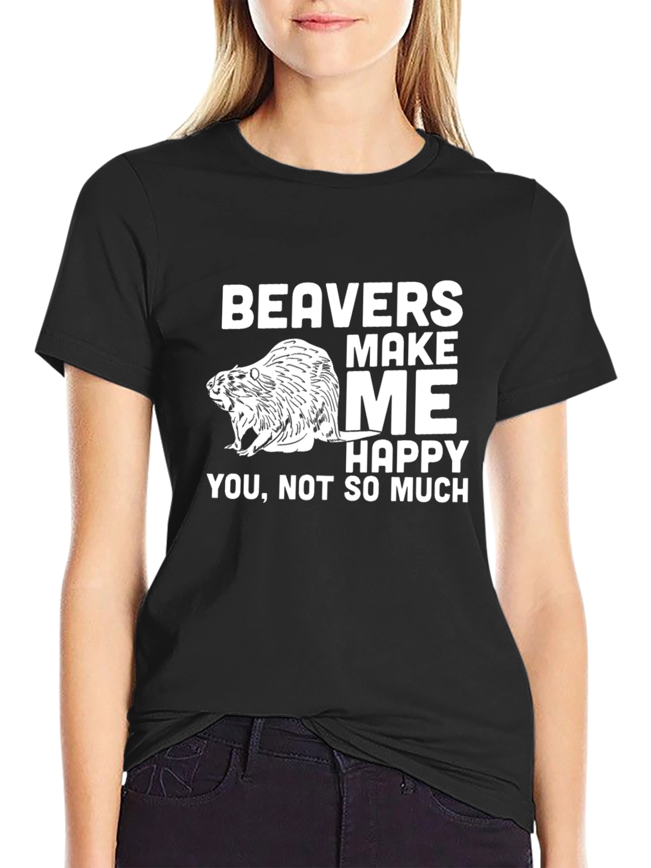 Black Funny Beaver Graphic T-Shirt - Beavers Make Me Happy view 2