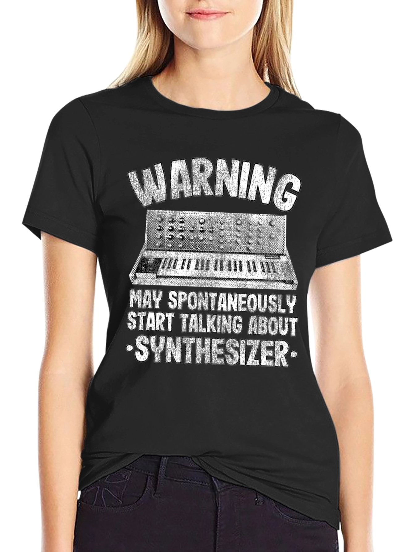 Black Warning: May Spontaneously Talk About Synthesizer T-Shirt view 2
