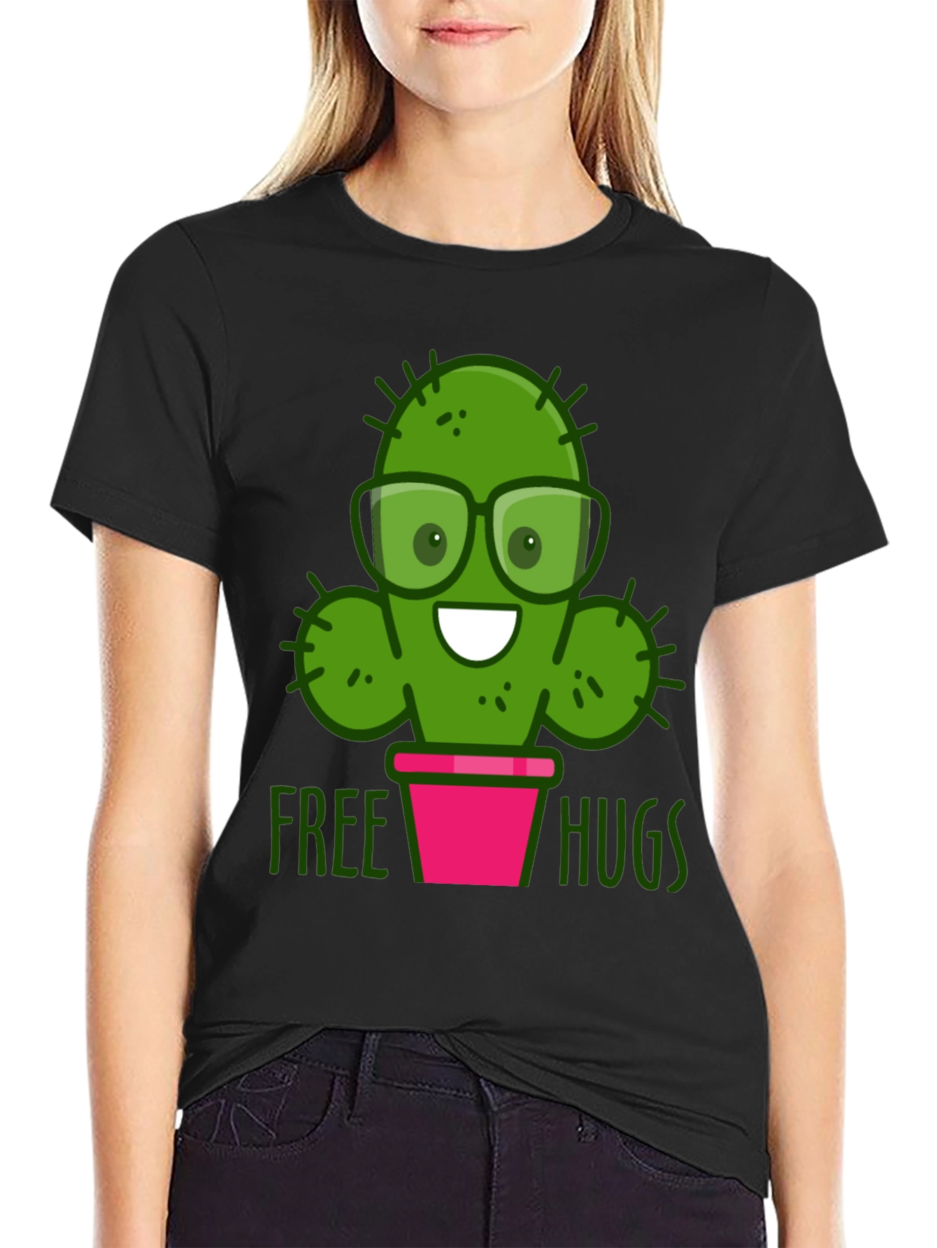 Black Cactus Free Hugs Graphic T-Shirt view 2
