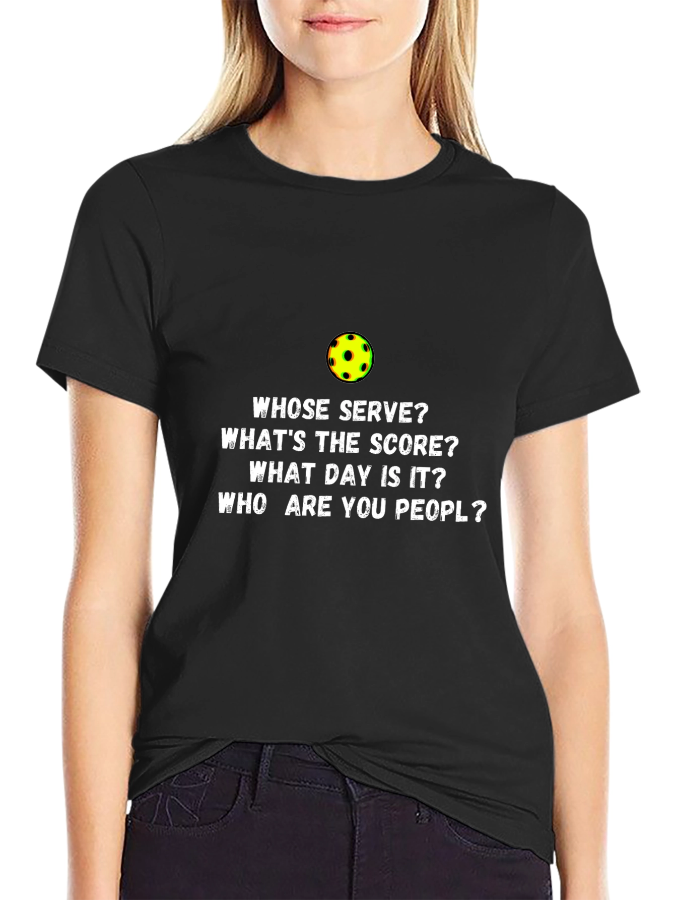 Black Pickleball T-Shirt Funny Whose Serve? view 2