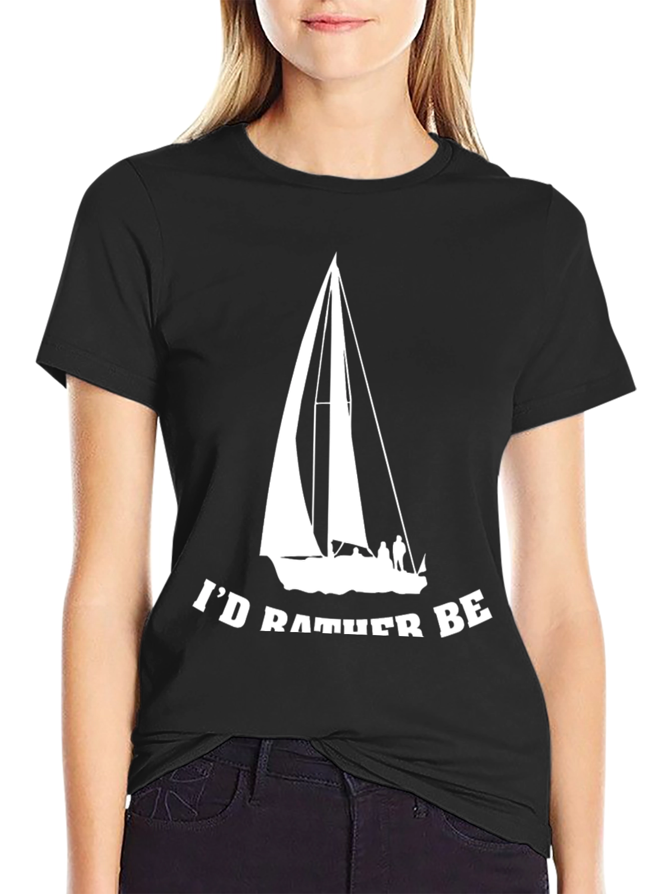 Black Sailboat T-Shirt - "I'd Rather Be Sailing" Black Tee view 2