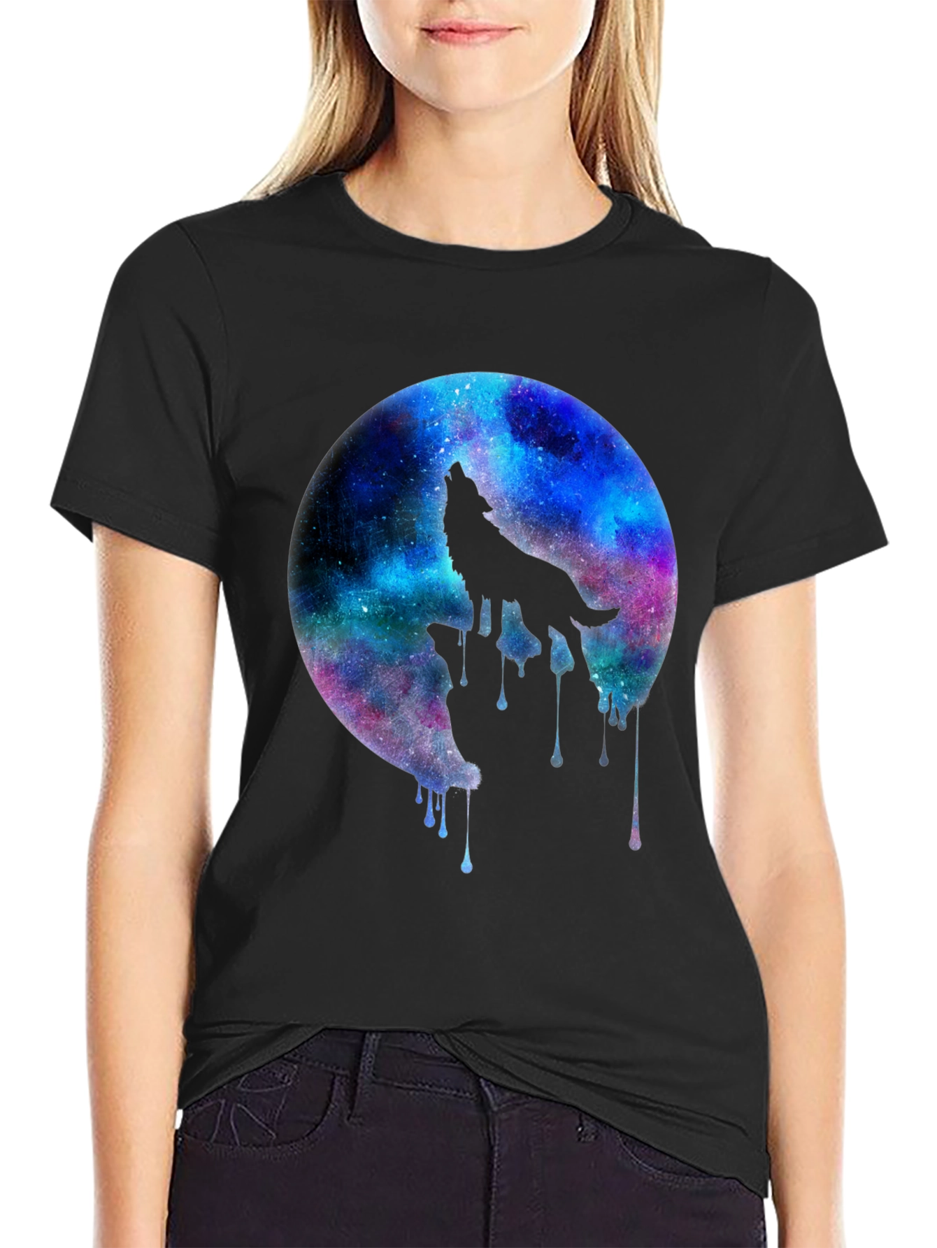 Black Galaxy Wolf Howl Black T-Shirt view 2