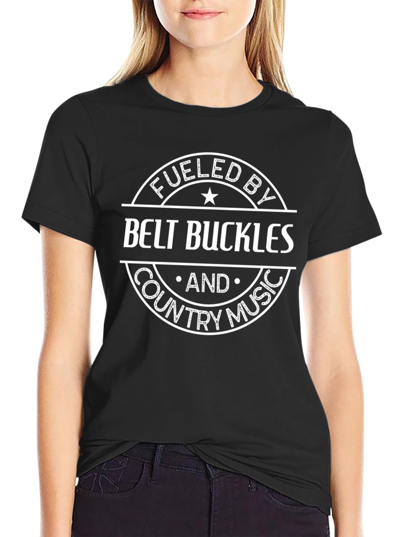 Black Fueled by Belt Buckles and Country Music Black T-Shirt view 2