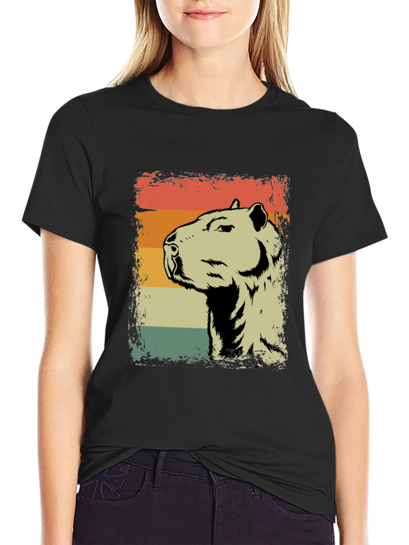Black Retro Capybara Graphic Tee - Vintage Style Animal Shirt view 2