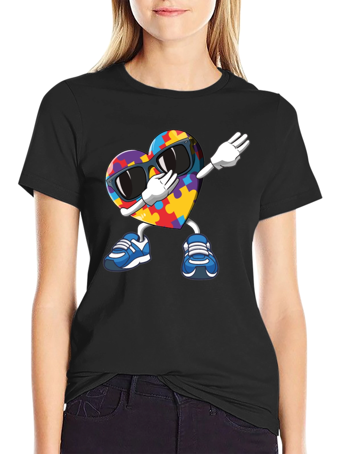 Black Autism Awareness Puzzle Heart Dabbing T-Shirt view 2