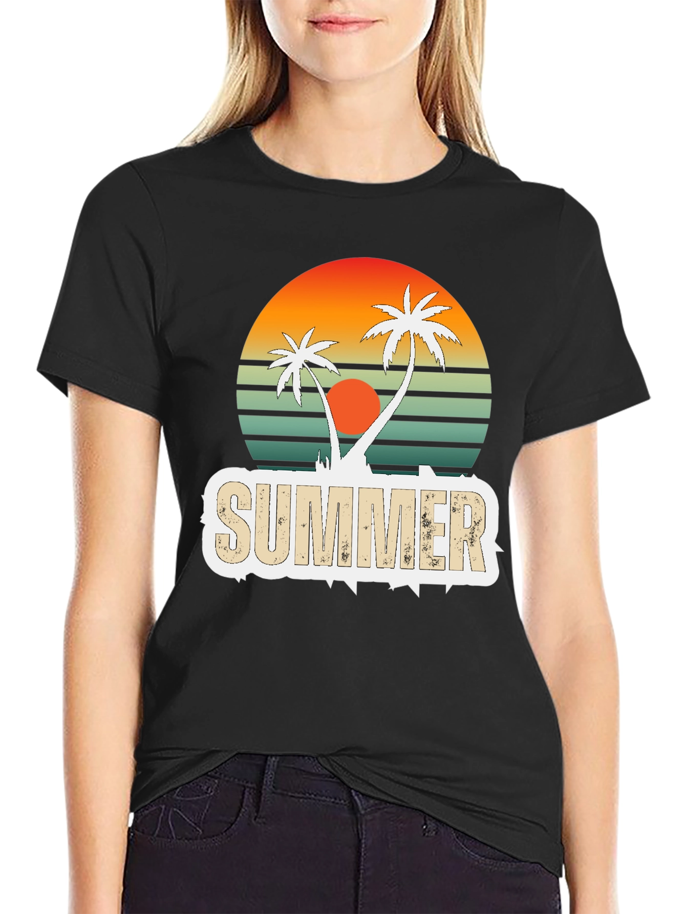 Black Retro Summer Palm Tree Graphic T-Shirt view 2