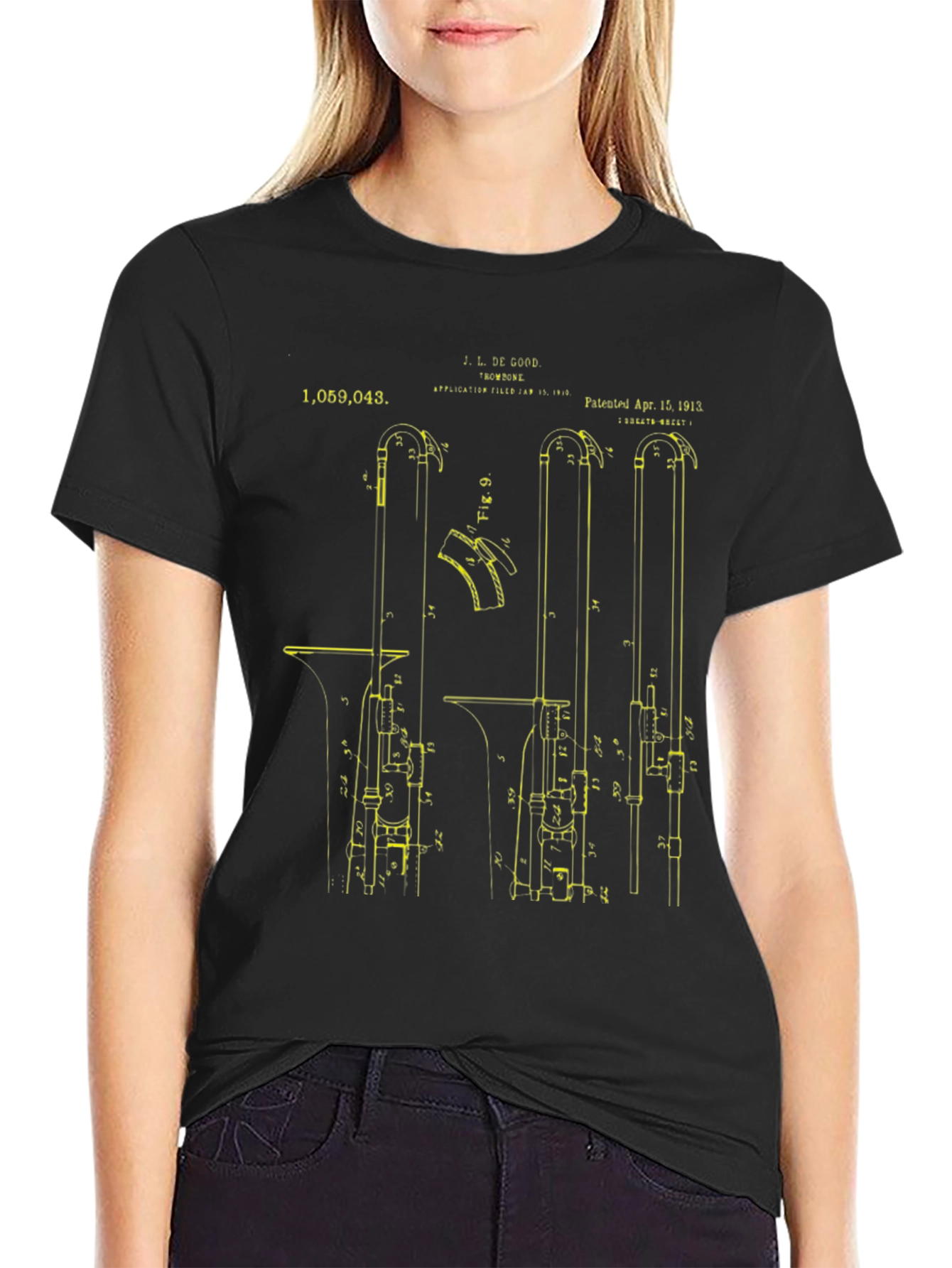 Black Vintage Trombone Patent Print T-Shirt view 2