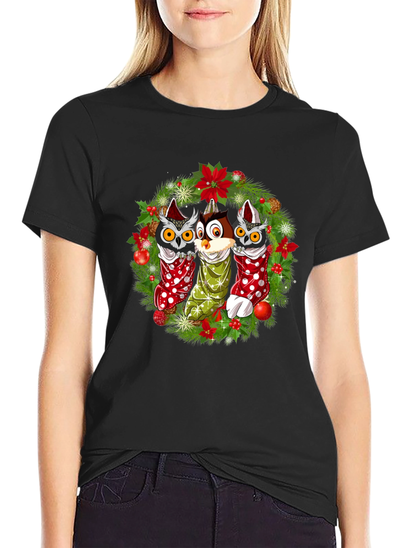 Black Christmas Owl T-Shirt Festive Holiday Design view 2