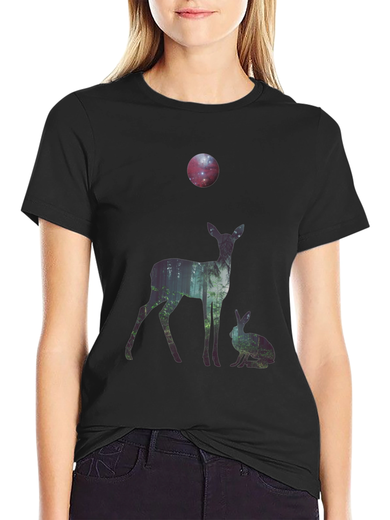 Black Nature Deer and Rabbit Graphic Print T-Shirt view 2
